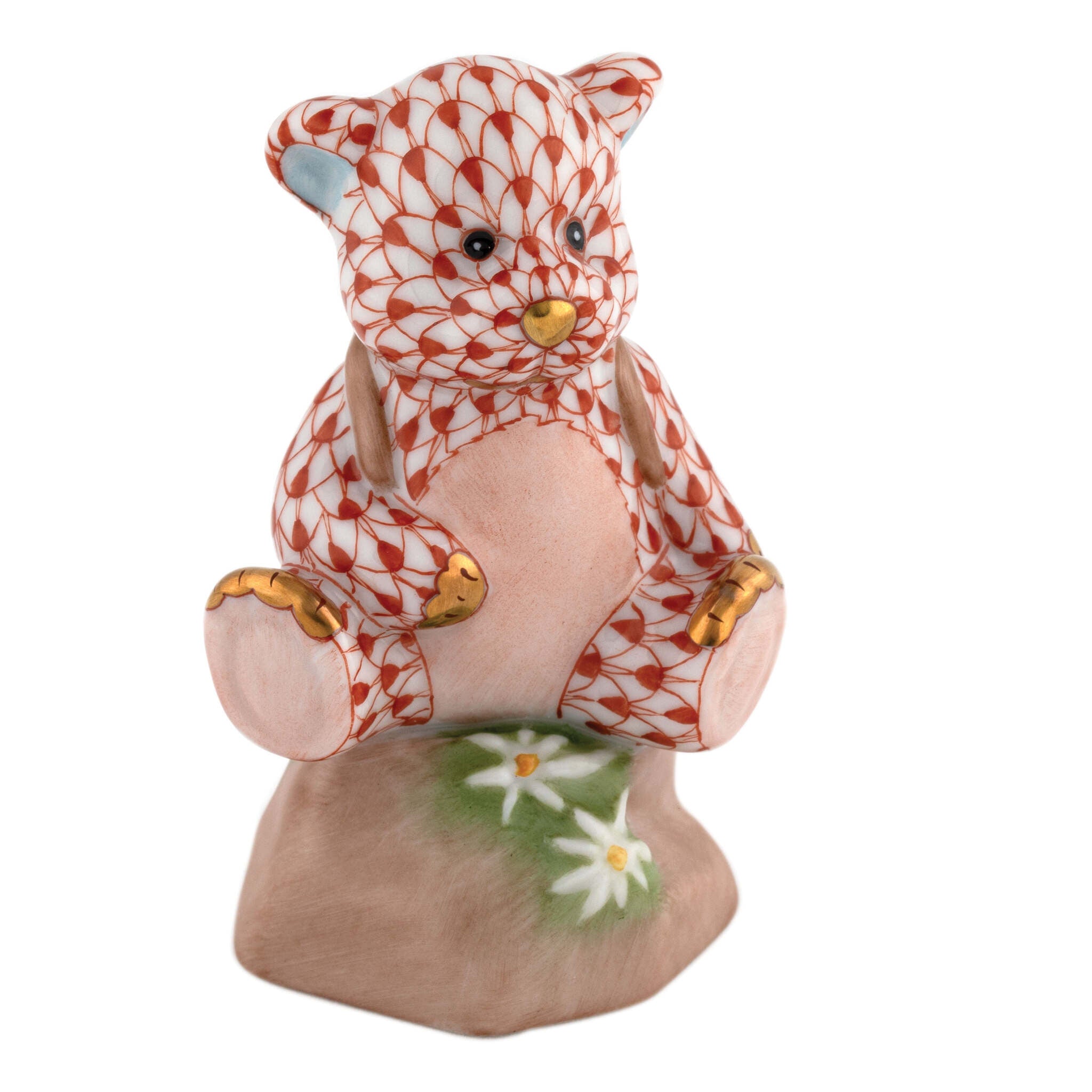 Herend Hiking Bear Figurine porcelain figurine painted in the Rust fishnet pattern