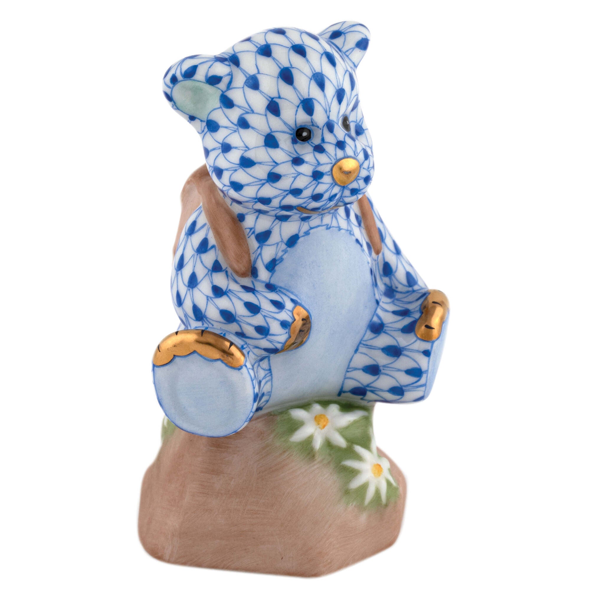 Sapphire fishnet Hiking Bear Figurine figurine, hand-painted Herend porcelain with 24k gold accents