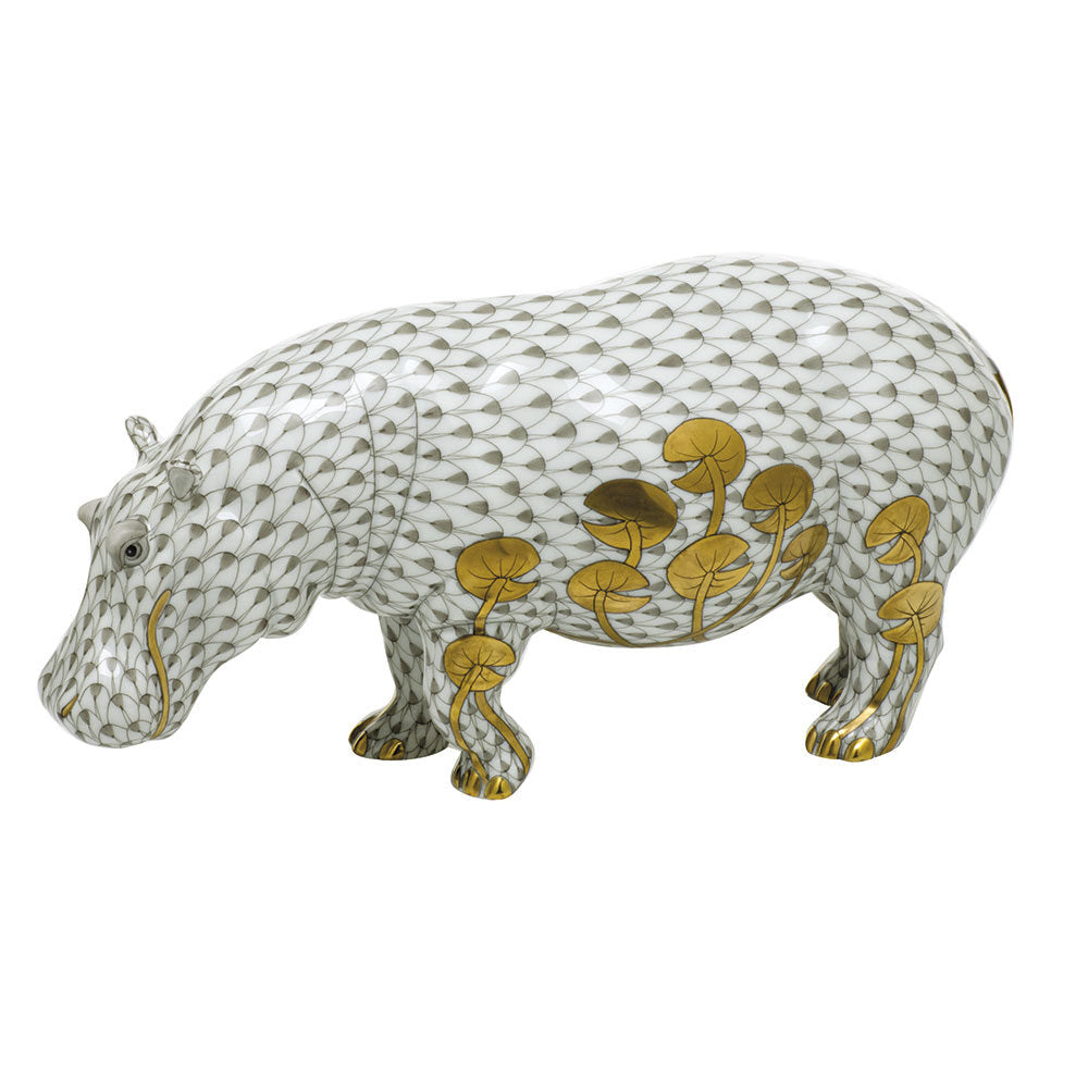 Hand-painted Herend Hippopotamus Figurine in fine porcelain, 8.75in L X 4in H, on a white background
