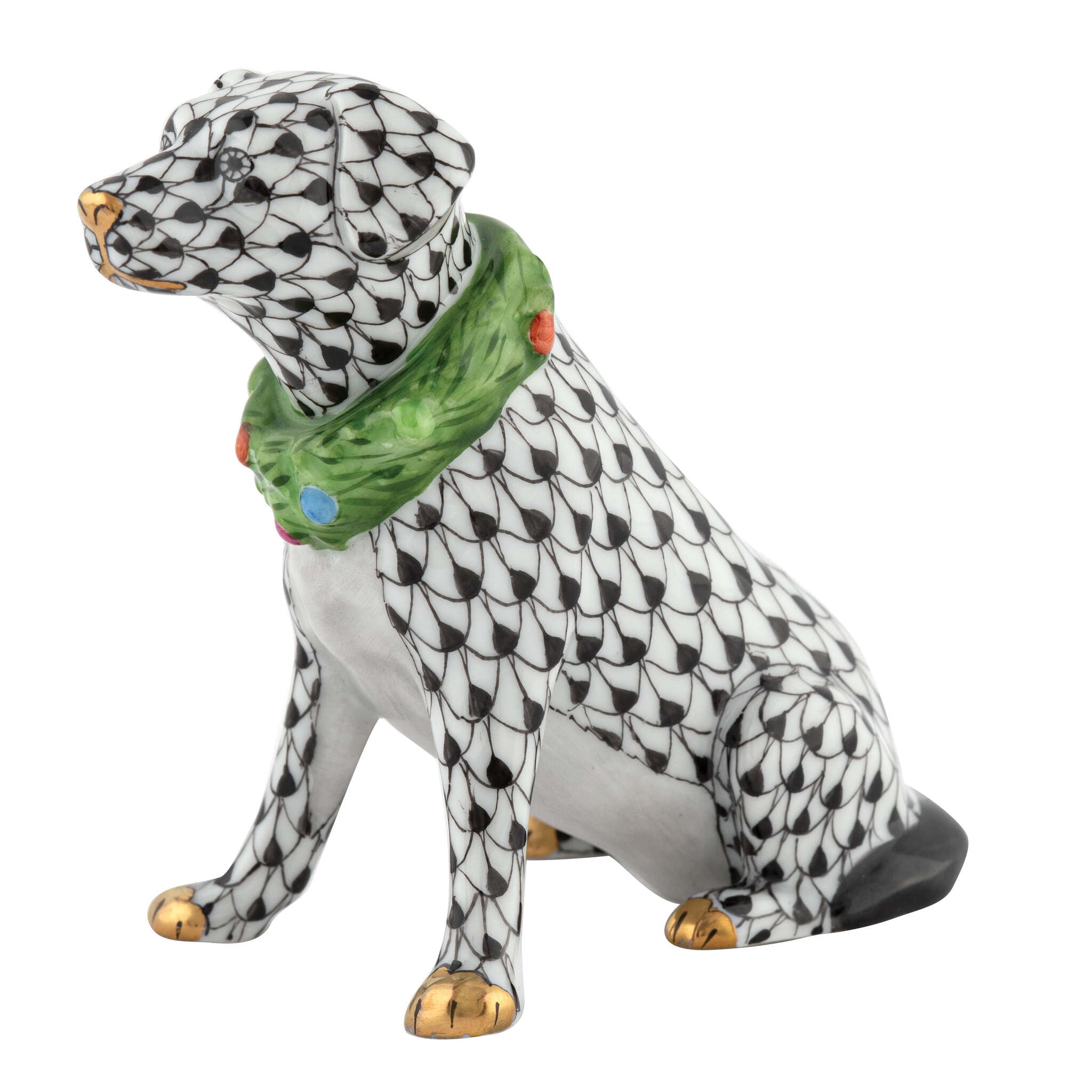 Herend Holiday Dog Figurine porcelain figurine painted in the Black fishnet pattern