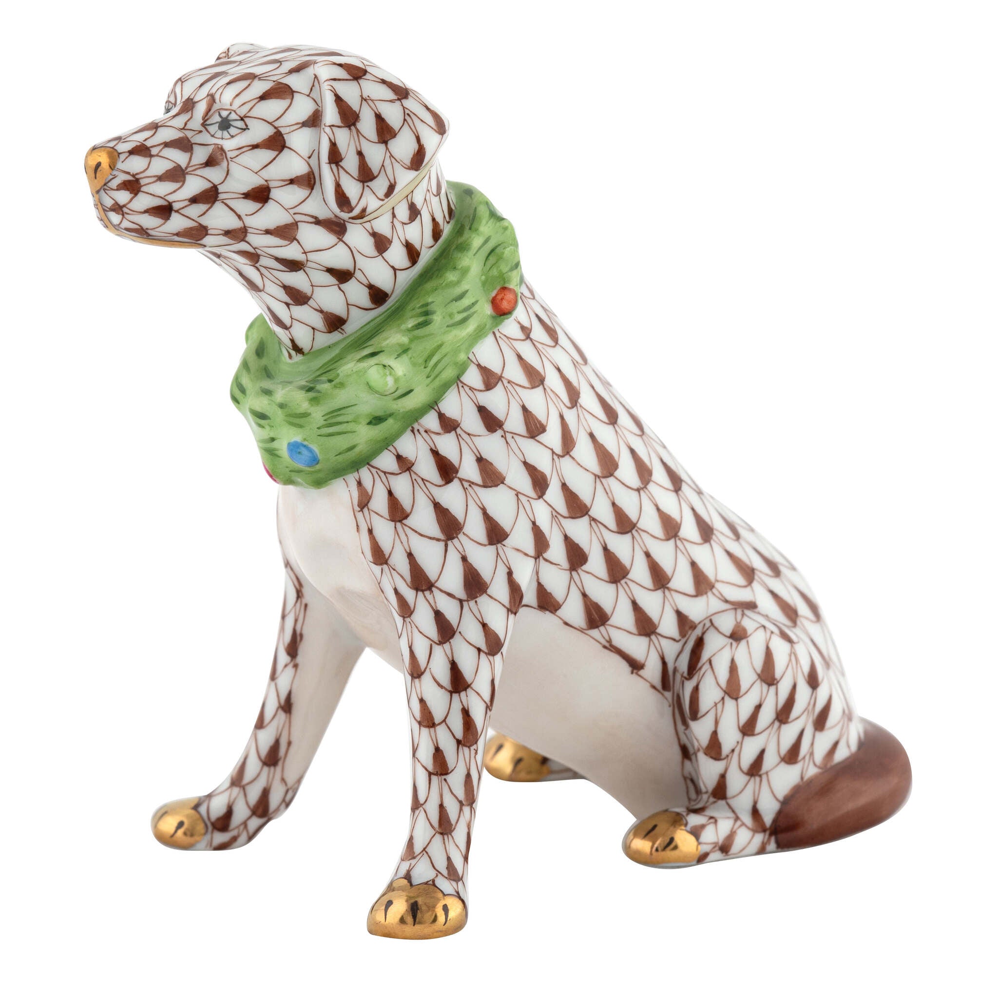 Hand-painted Herend Holiday Dog Figurine in Chocolate fishnet porcelain on a white background