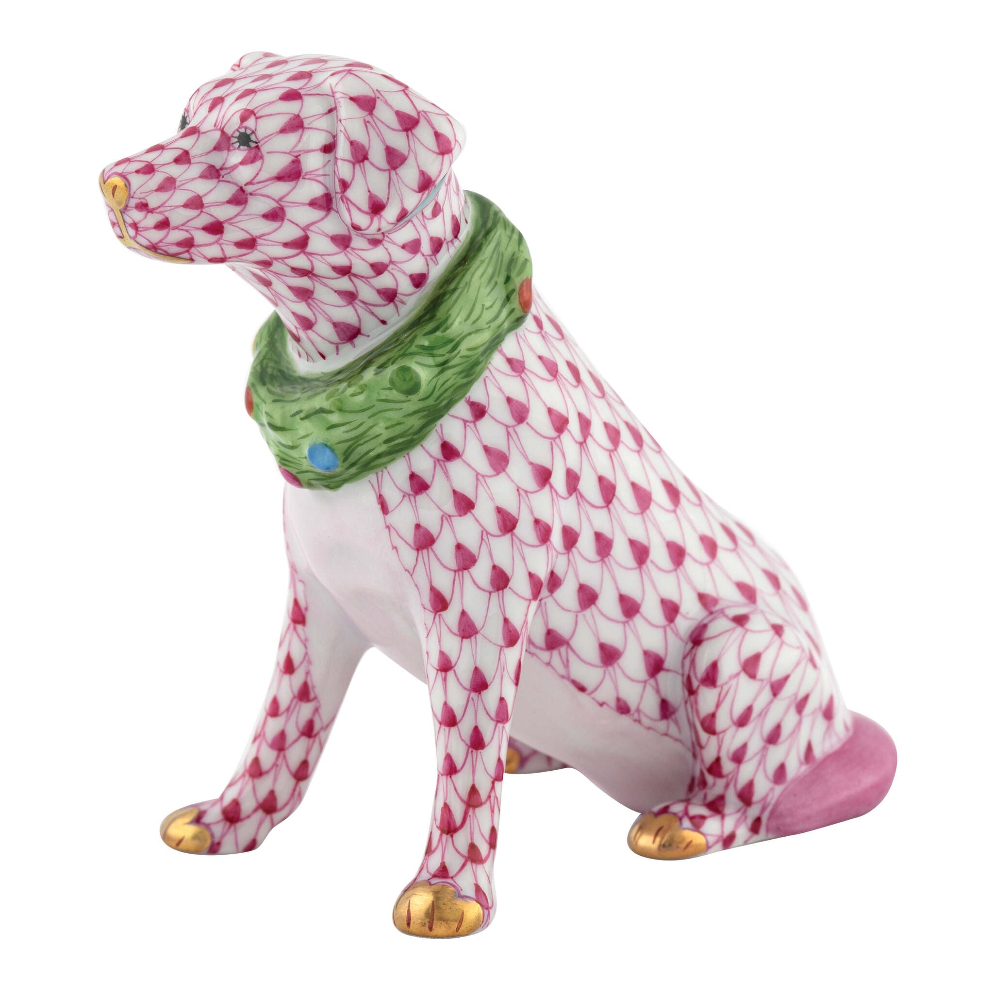 Herend Holiday Dog Figurine porcelain figurine painted in the Raspberry fishnet pattern