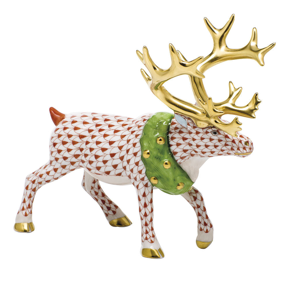 Rust fishnet Holiday Reindeer Figurine figurine, hand-painted Herend porcelain with 24k gold accents
