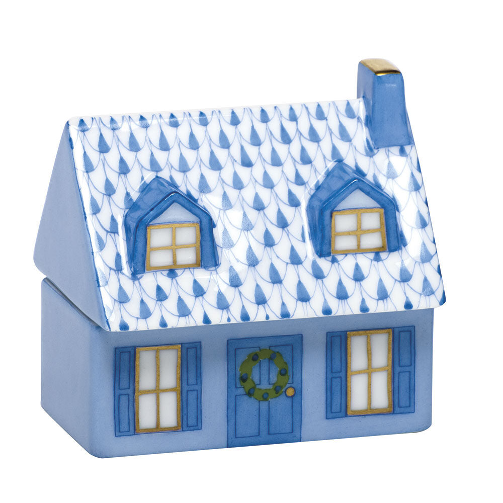 Hand-painted Herend Home Sweet Home Figurine in Blue fishnet porcelain on a white background
