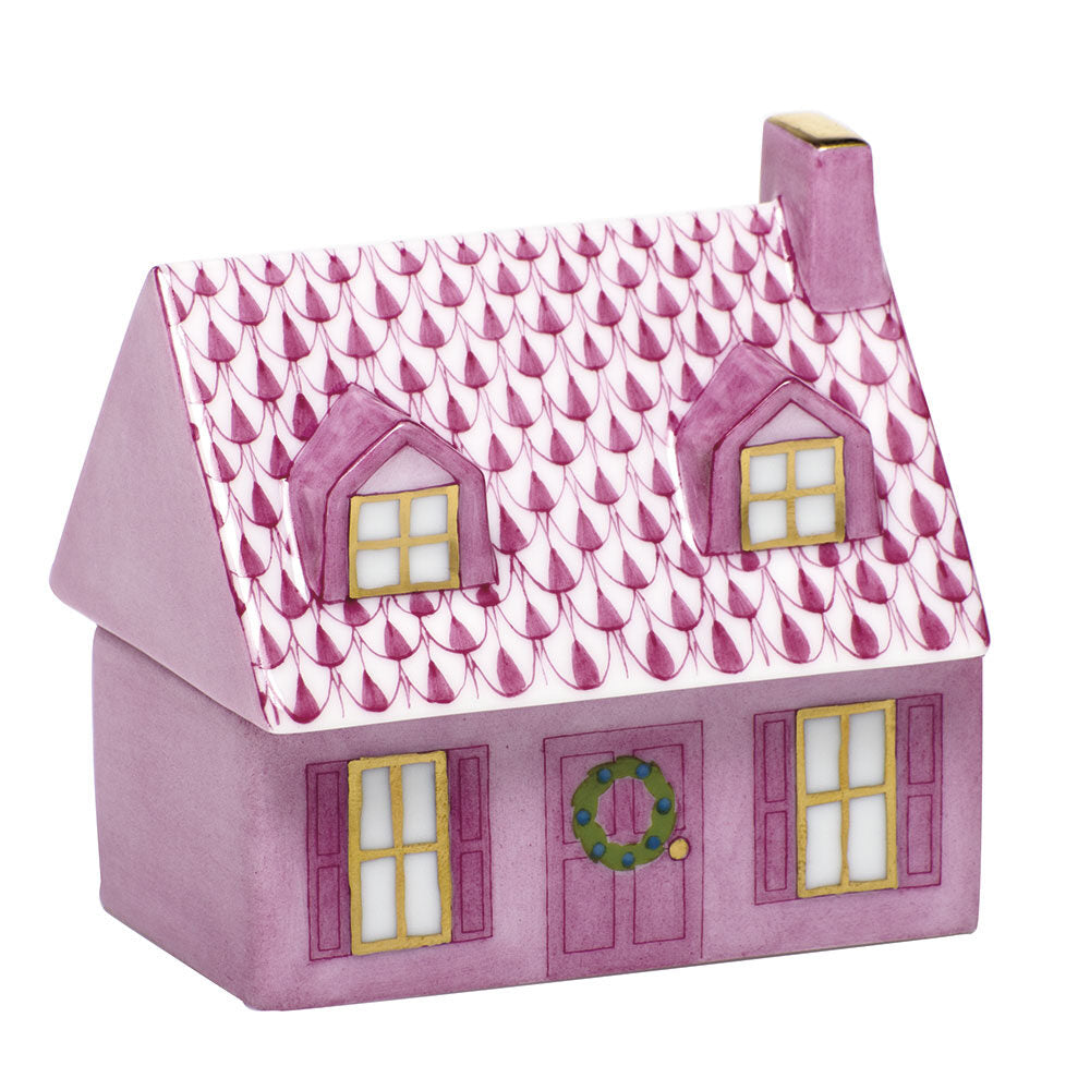 Hand-painted Herend Home Sweet Home Figurine in Raspberry fishnet porcelain on a white background