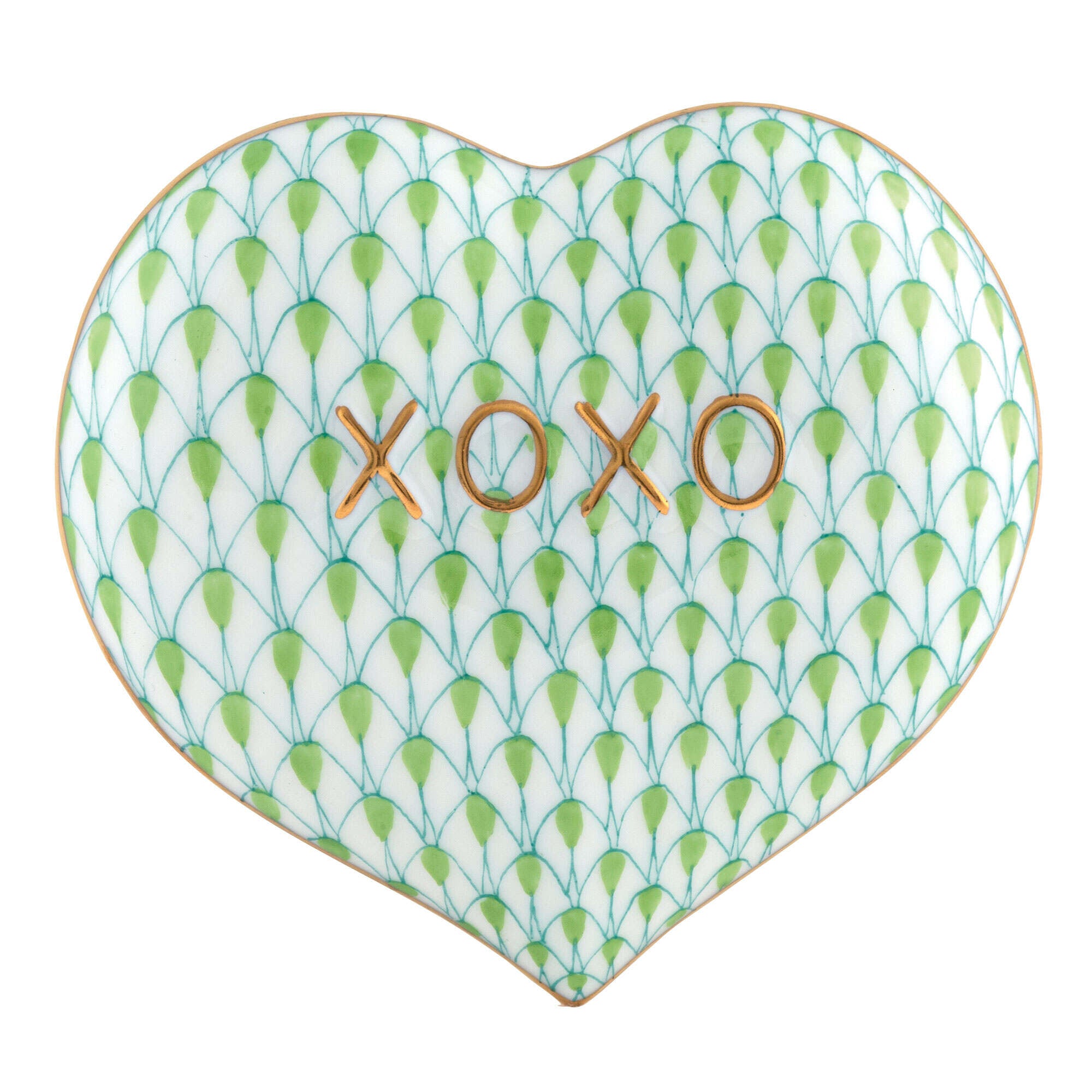 Herend Hugs and Kisses Heart Figurine porcelain figurine painted in the Key Lime fishnet pattern