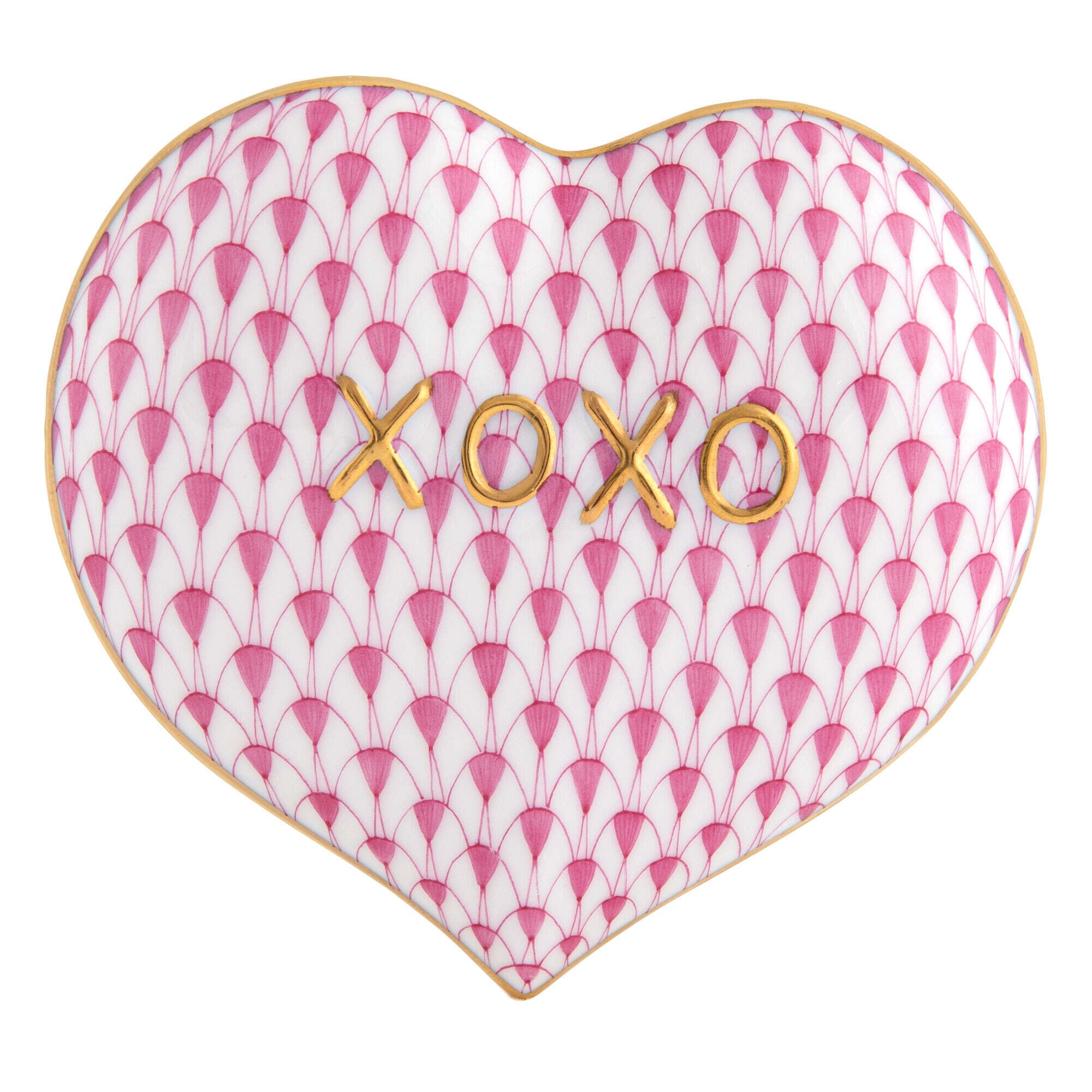 Herend Hugs and Kisses Heart Figurine porcelain figurine painted in the Raspberry fishnet pattern