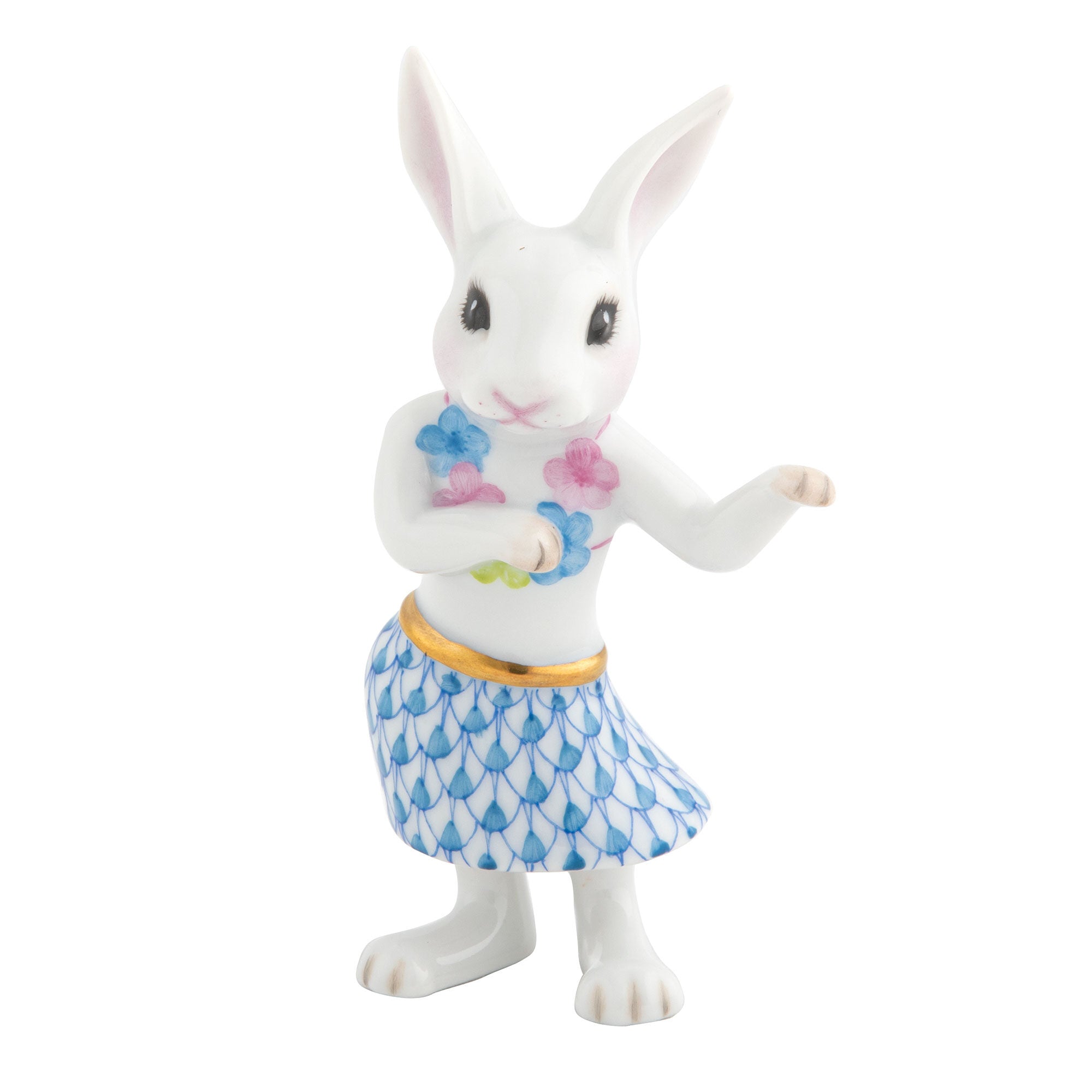Blue fishnet Hula Bunny Figurine figurine, hand-painted Herend porcelain with 24k gold accents