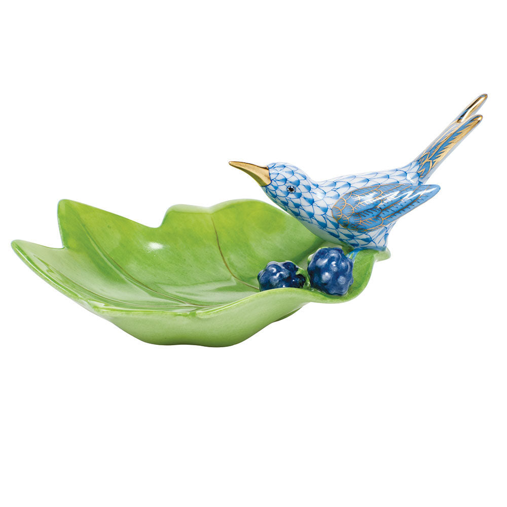 Hummingbird on Leaf Figurine in hand-painted Blue porcelain by Herend of Hungary