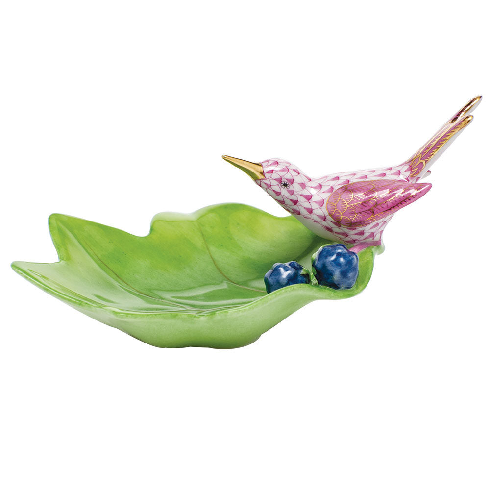 Herend Hummingbird on Leaf Figurine porcelain figurine painted in the Raspberry fishnet pattern