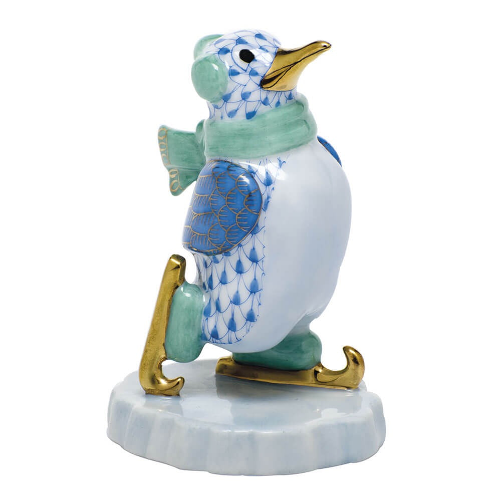 Herend Ice Skating Penguin Figurine porcelain figurine painted in the Blue fishnet pattern