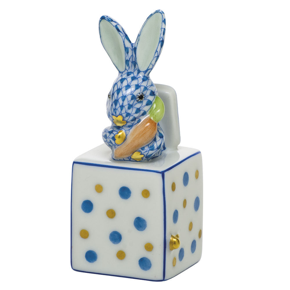Herend Jack in the Box Bunny Figurine porcelain figurine painted in the Blue fishnet pattern