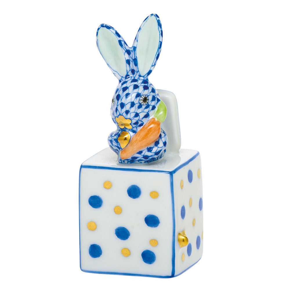 Herend Jack in the Box Bunny Figurine porcelain figurine painted in the Sapphire fishnet pattern