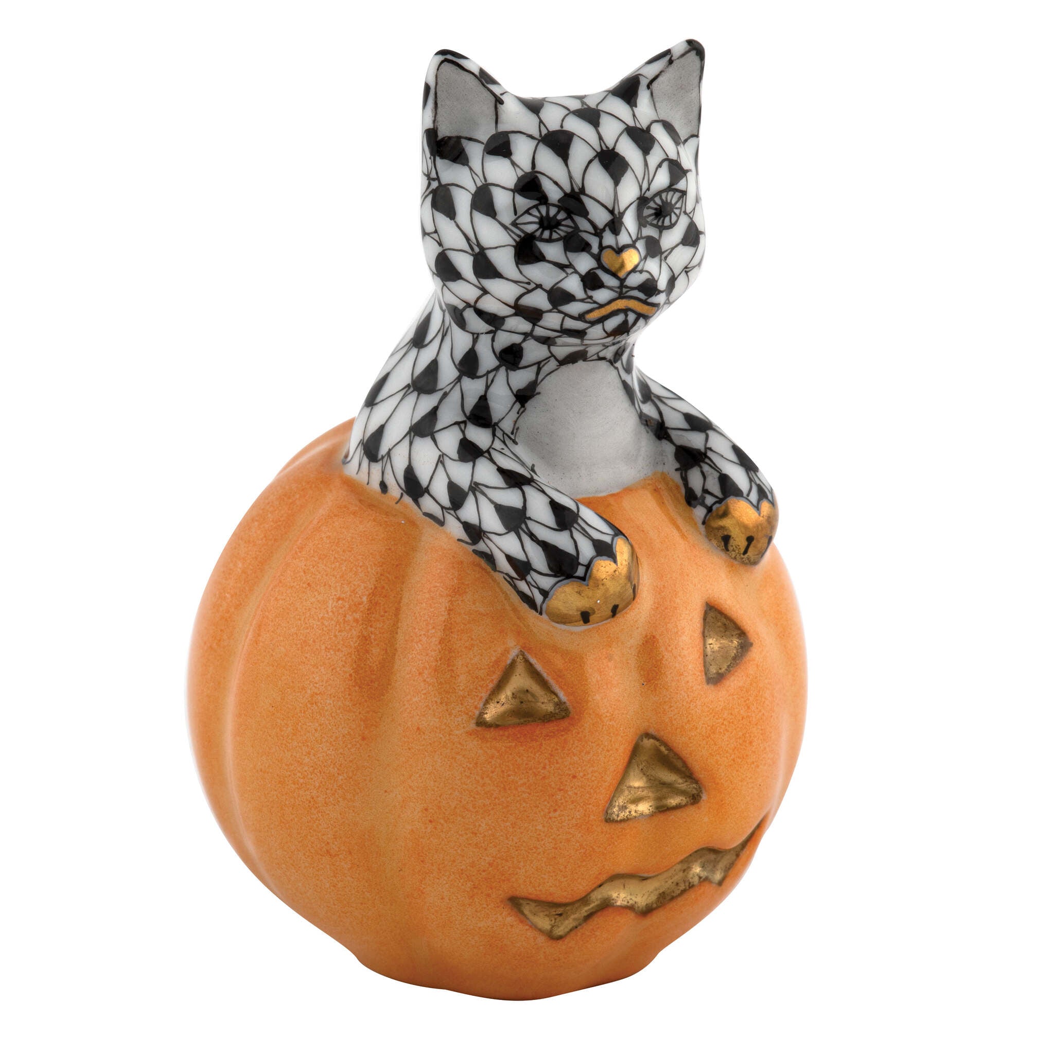Hand-painted Herend Jack O Lantern Kitty Figurine in Black fishnet porcelain on a white background