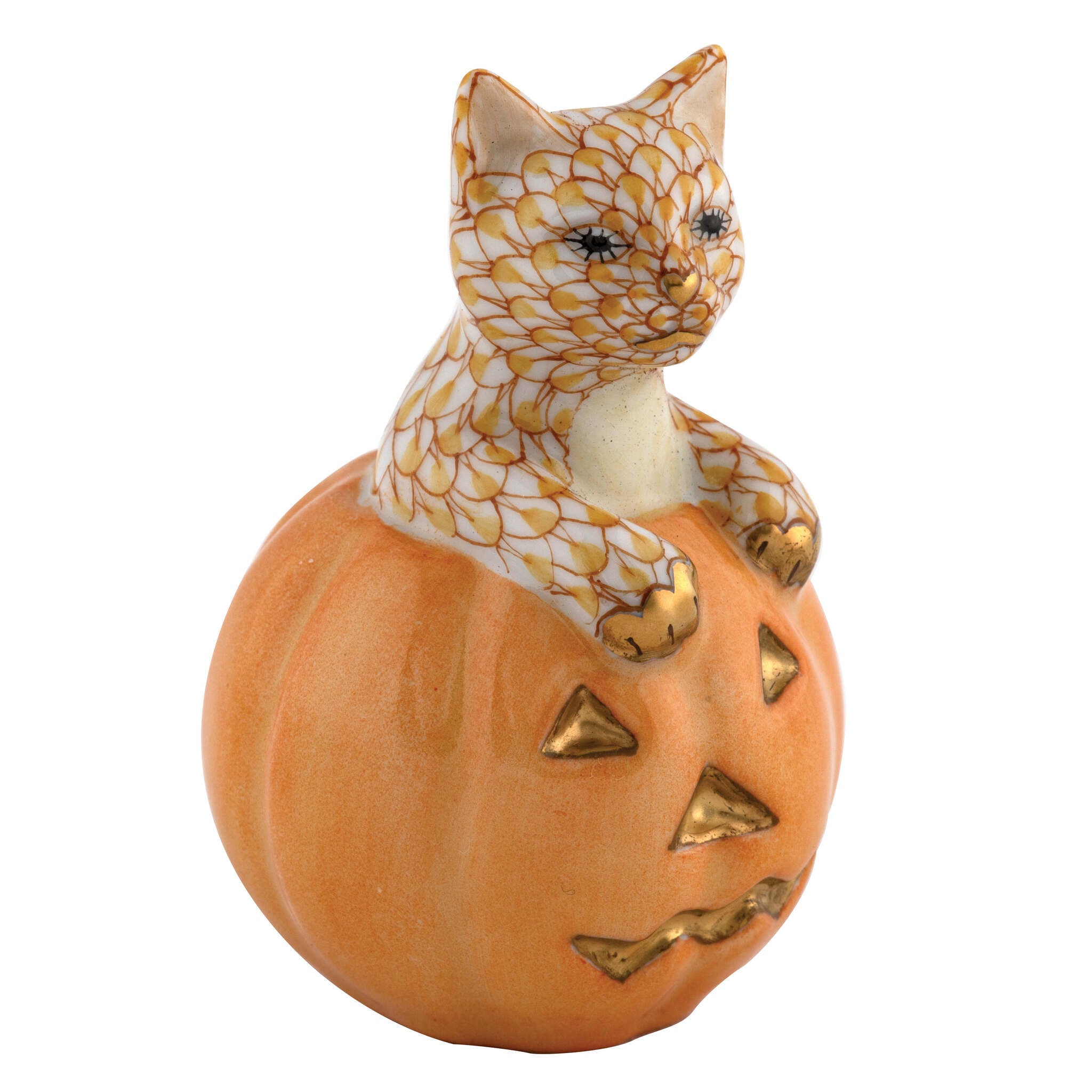 Hand-painted Herend Jack O Lantern Kitty Figurine in Butterscotch fishnet porcelain on a white background