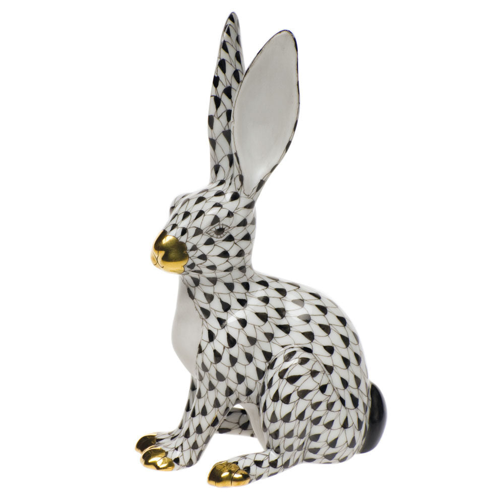 Hand-painted Herend Jack Rabbit Figurine in fine porcelain, 2.75in L X 5in H, on a white background
