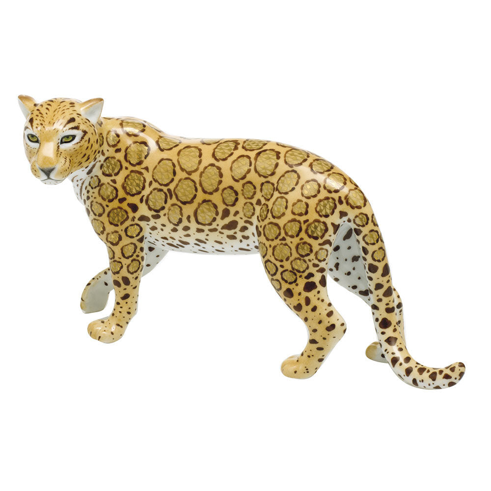Hand-painted Herend Jaguar Figurine in fine porcelain, 9.5in L X 5in H, on a white background
