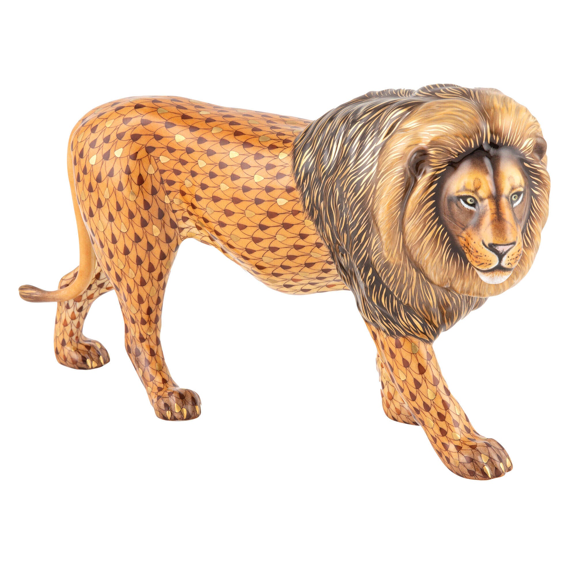 Hand-painted Herend King of the Jungle Figurine in fine porcelain, 12.5in L X 3.5in W X 6.75in H, on a white background