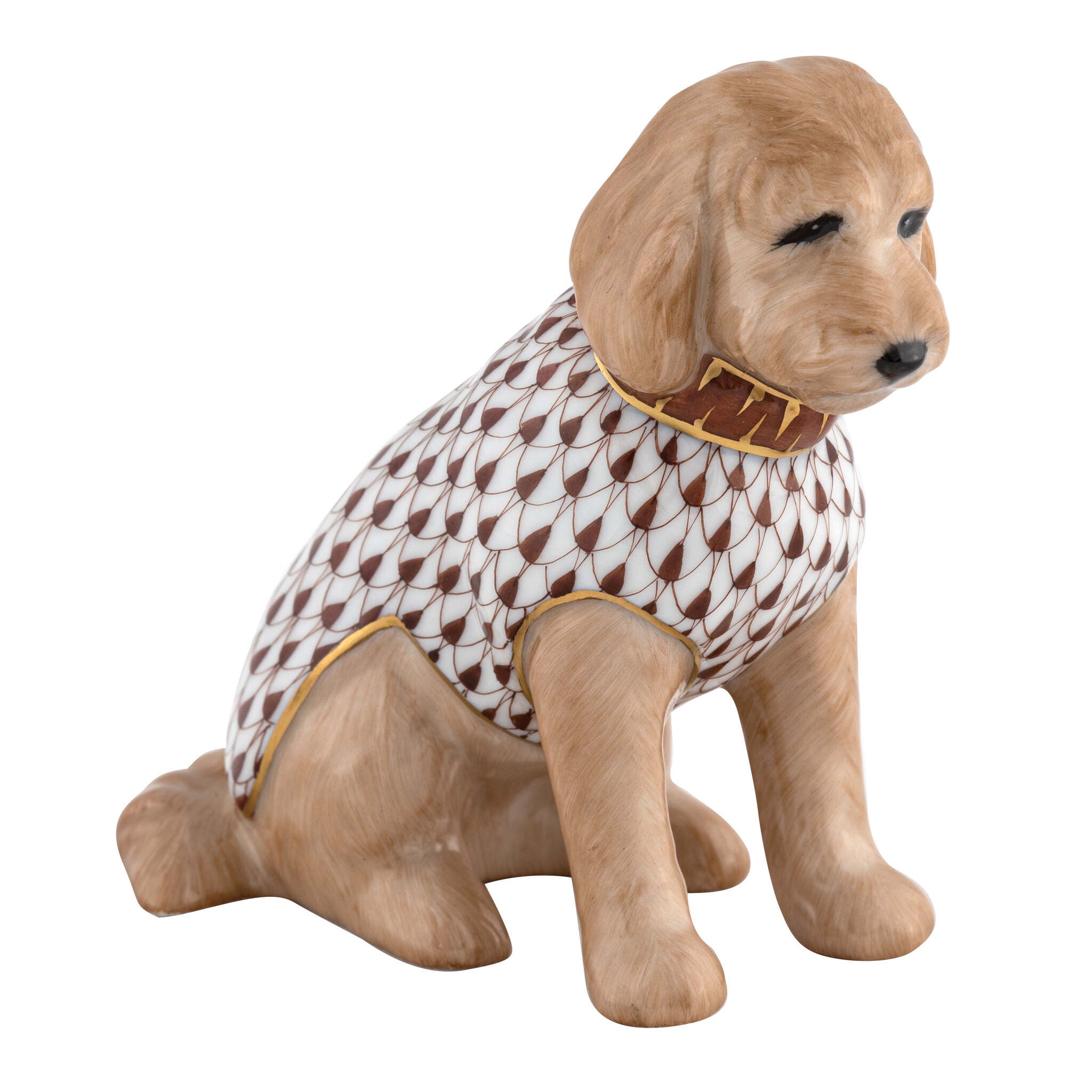 Herend Labradoodle Figurine porcelain figurine painted in the Chocolate fishnet pattern