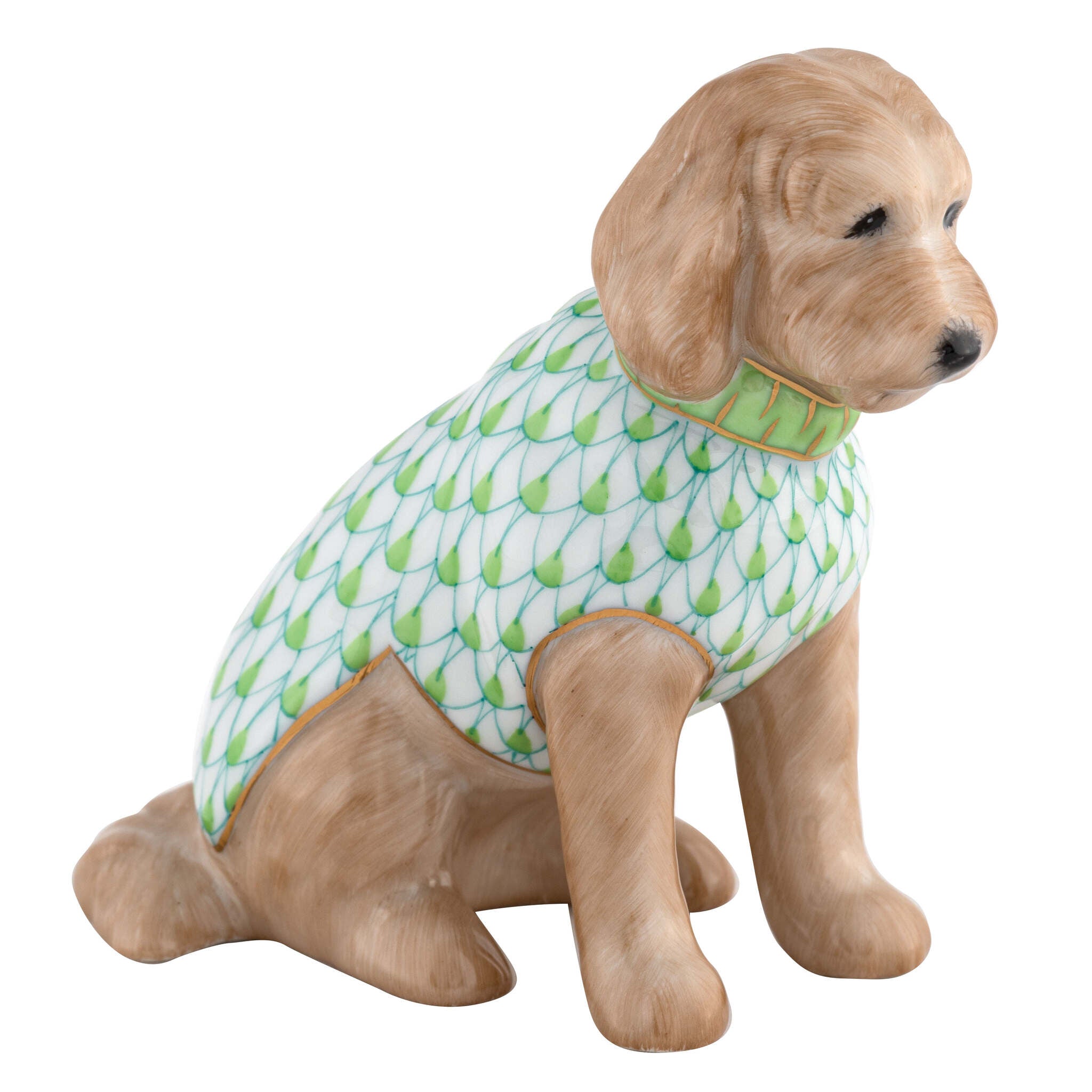Key Lime fishnet Labradoodle Figurine figurine, hand-painted Herend porcelain with 24k gold accents