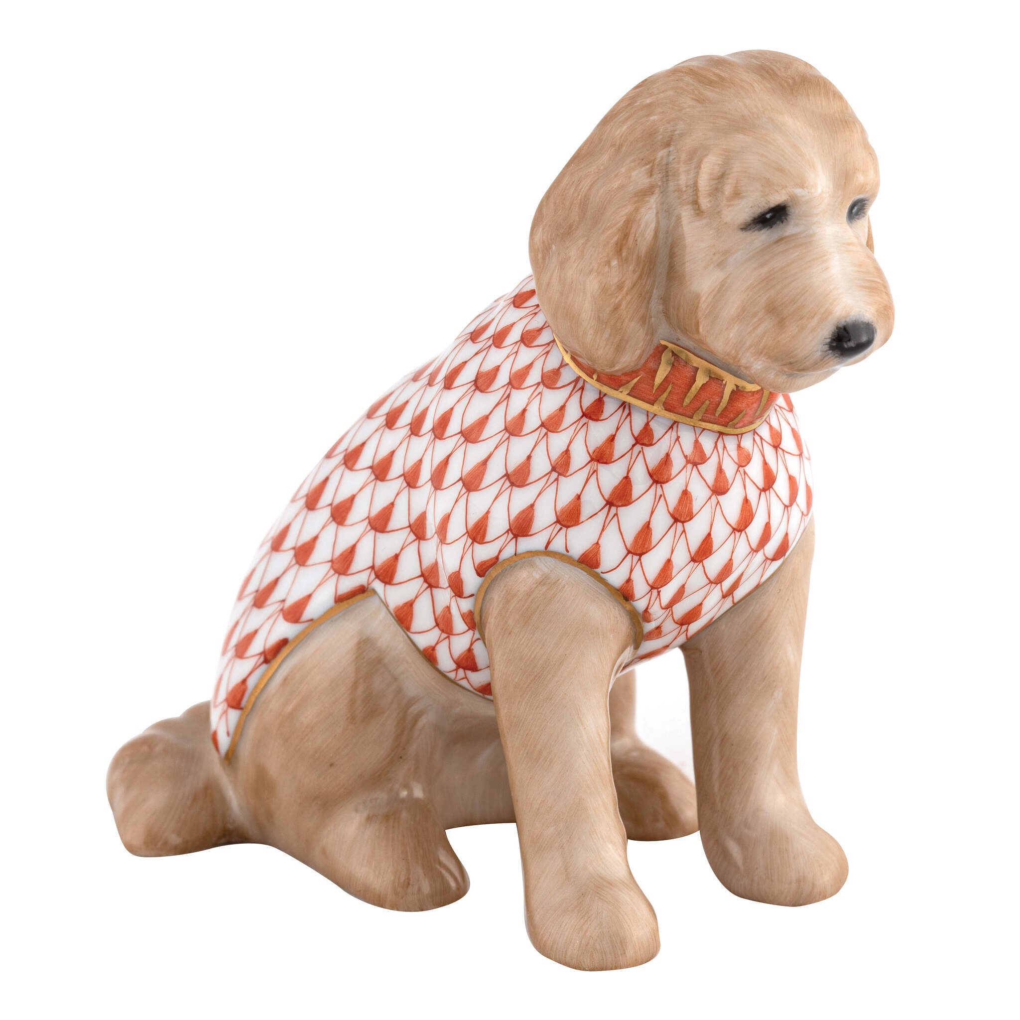 Hand-painted Herend Labradoodle Figurine in Rust fishnet porcelain on a white background
