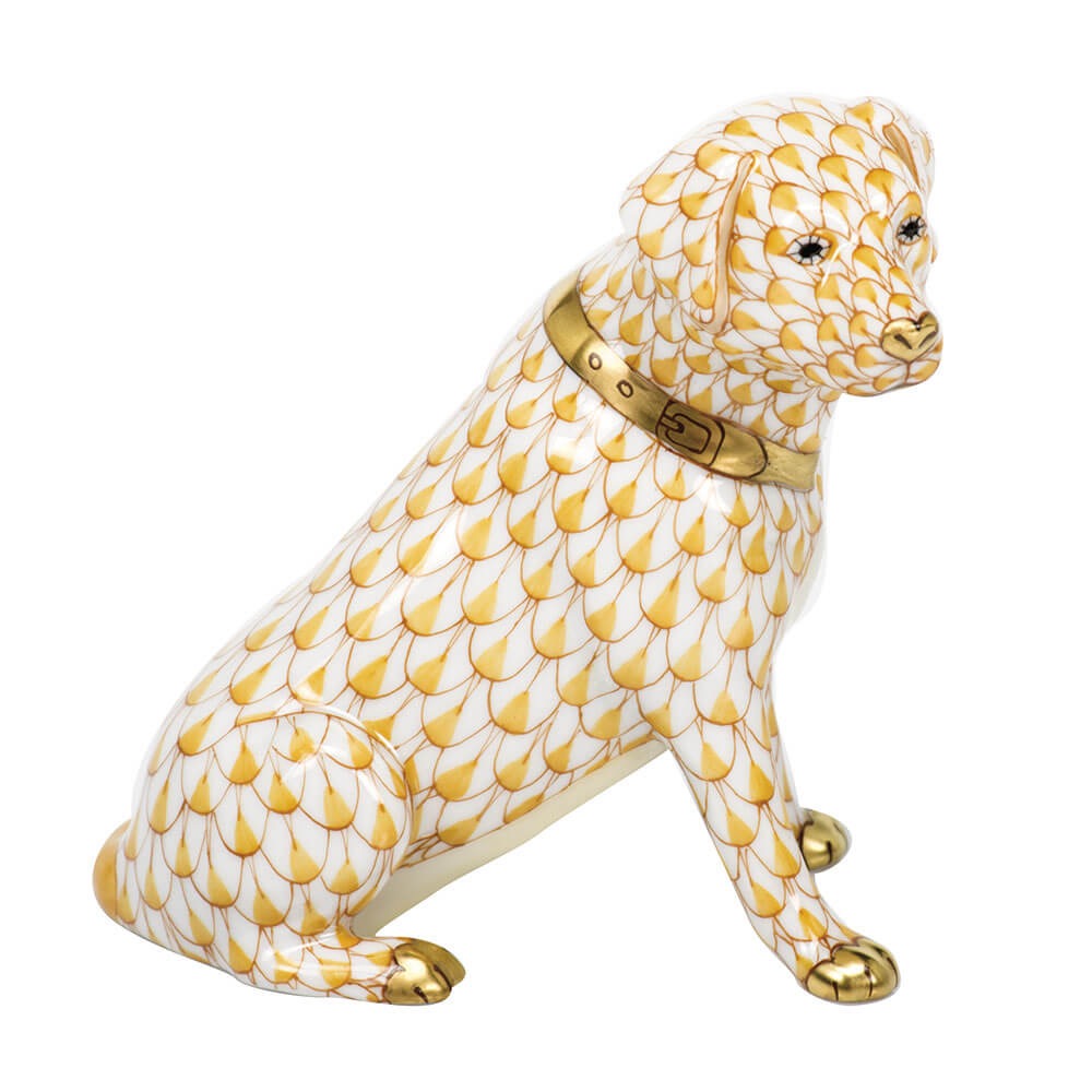 Hand-painted Herend Labrador Retriever Figurine in Butterscotch fishnet porcelain on a white background