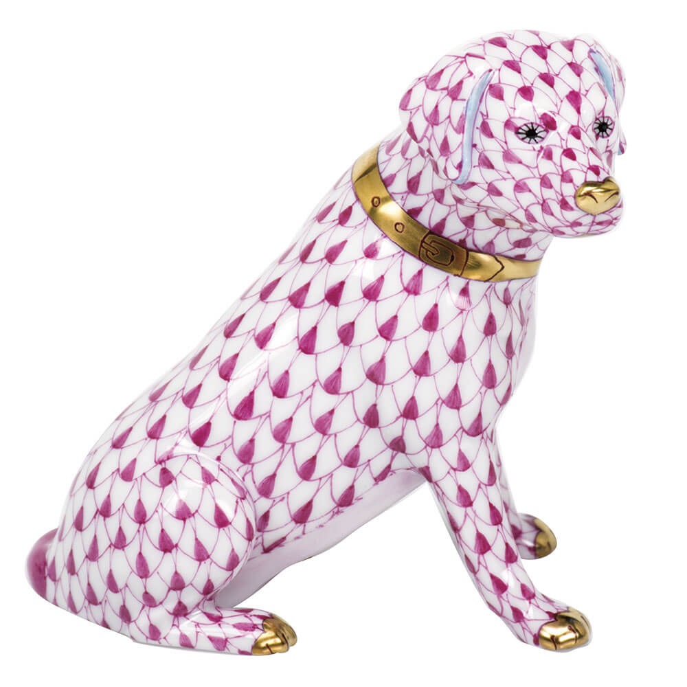 Hand-painted Herend Labrador Retriever Figurine in Raspberry fishnet porcelain on a white background