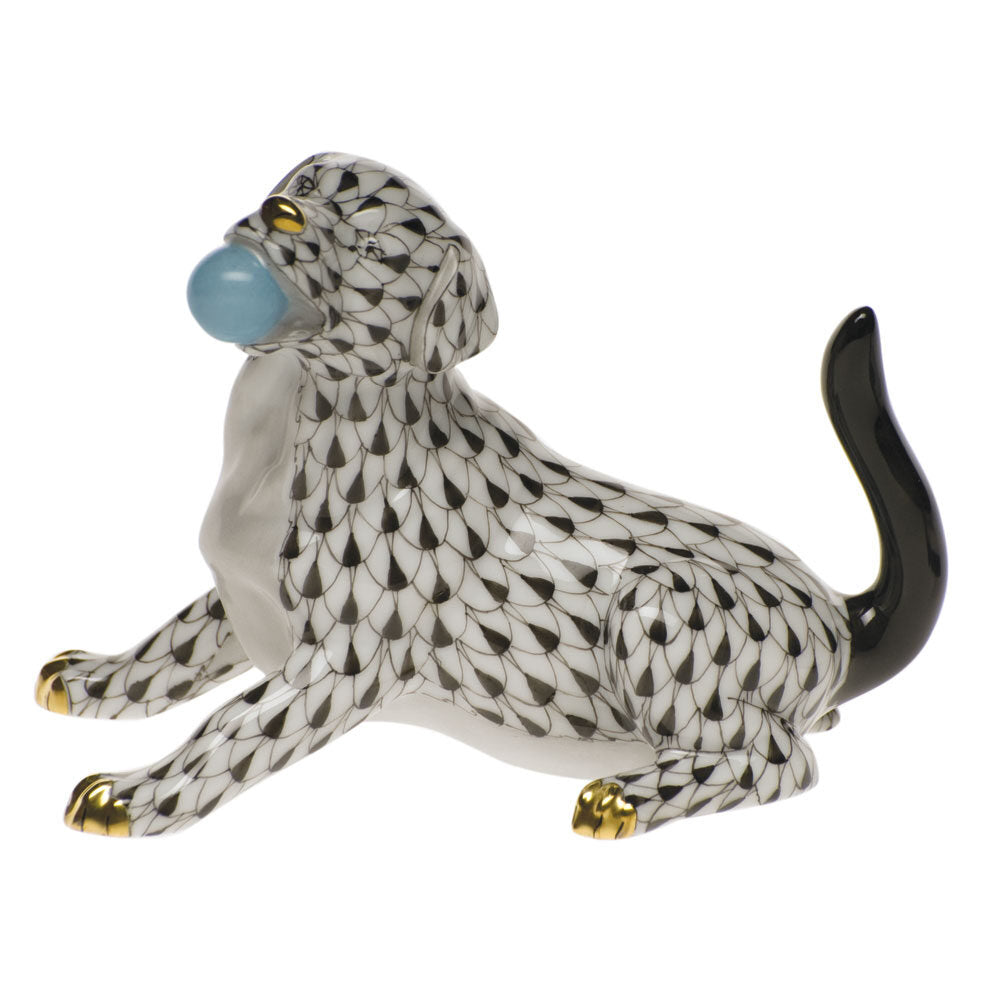 Black fishnet Labrador with Ball Figurine figurine, hand-painted Herend porcelain with 24k gold accents