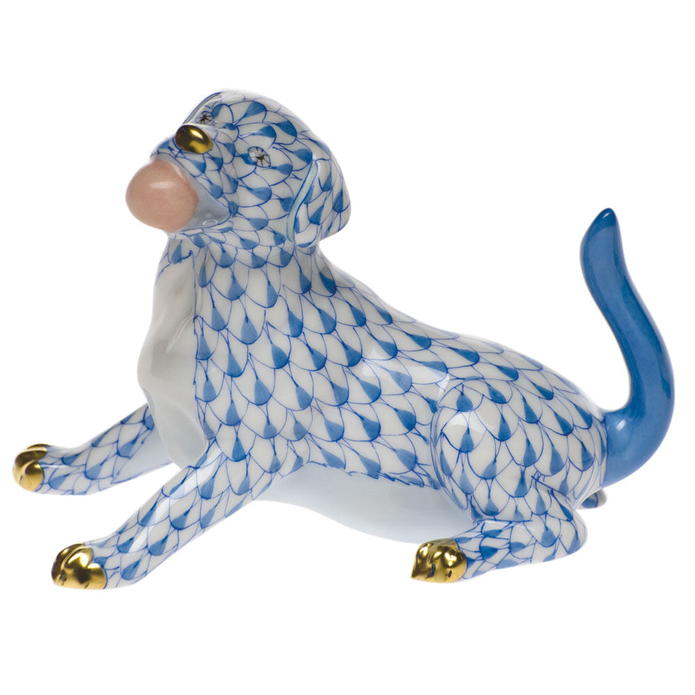 Blue fishnet Labrador with Ball Figurine figurine, hand-painted Herend porcelain with 24k gold accents