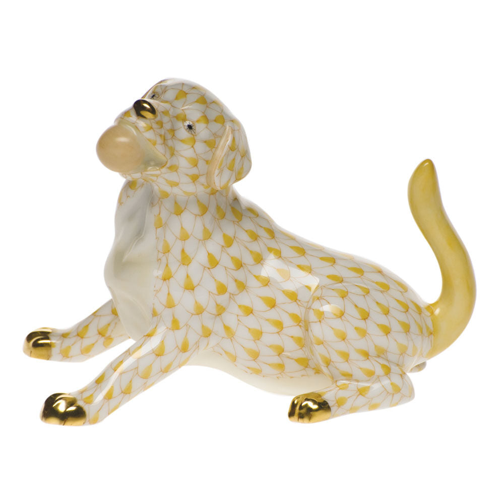 Butterscotch fishnet Labrador with Ball Figurine figurine, hand-painted Herend porcelain with 24k gold accents