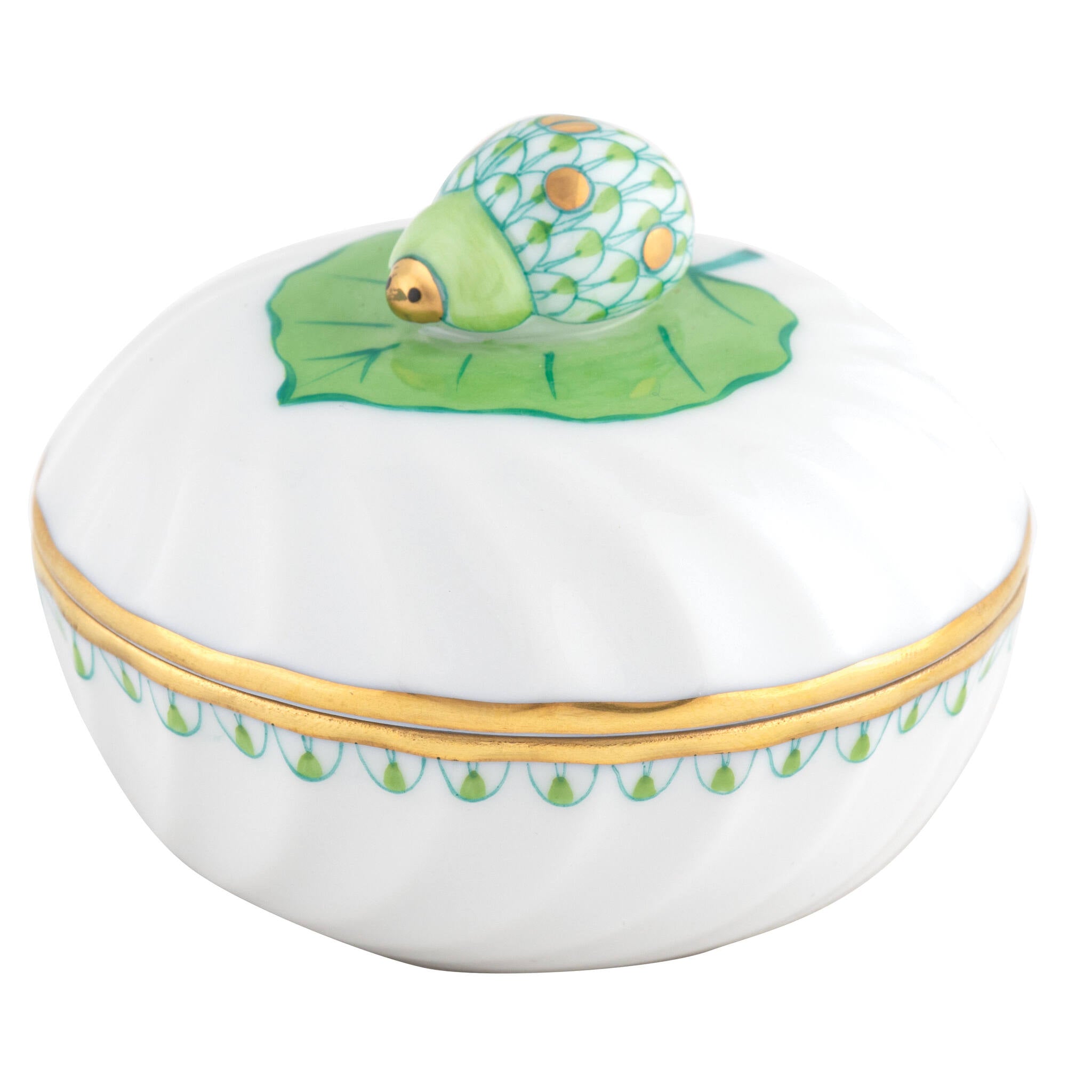Herend Ladybug Box porcelain figurine painted in the Key Lime fishnet pattern