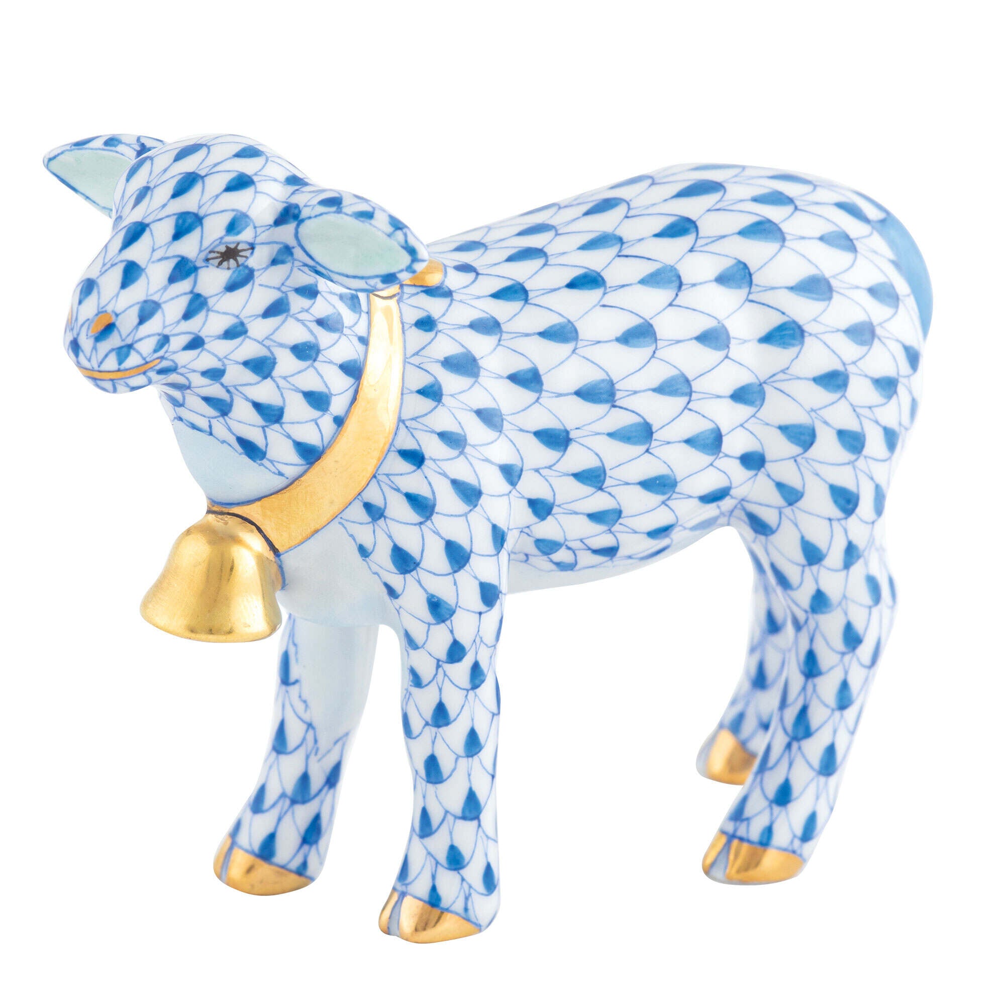Lamb with Bell Figurine in hand-painted Blue porcelain by Herend of Hungary