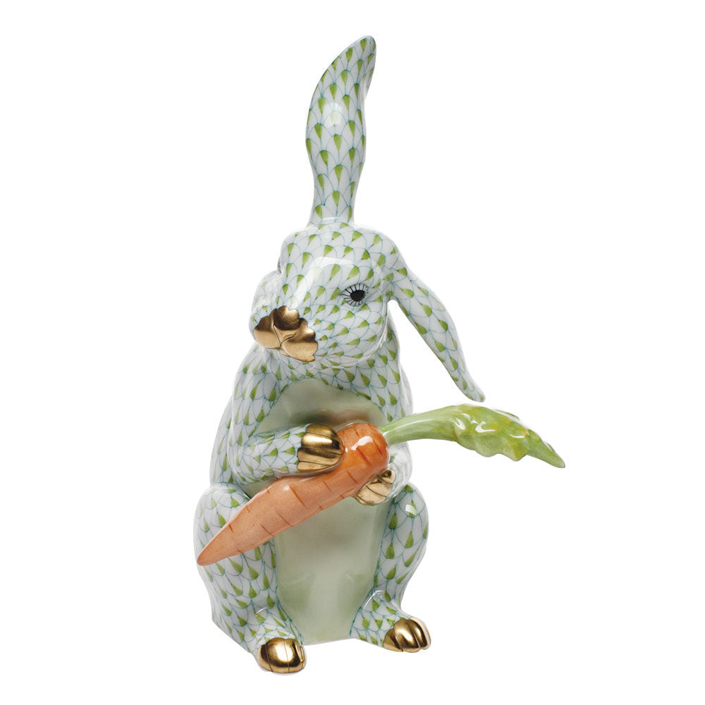 Herend Large Bunny with Carrot Figurine porcelain figurine painted in the Key Lime fishnet pattern