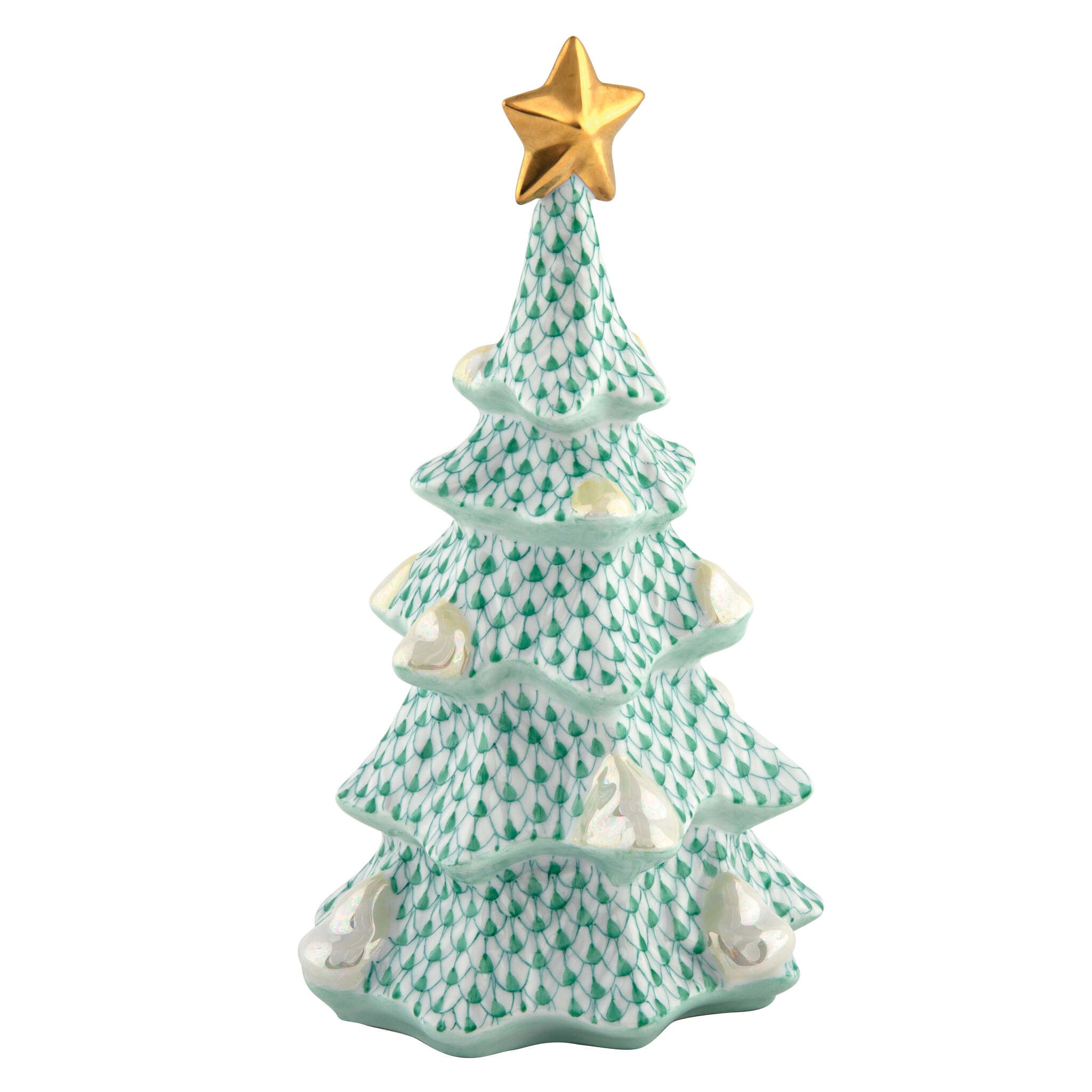 Green fishnet Large Christmas Tree Figurine figurine, hand-painted Herend porcelain with 24k gold accents