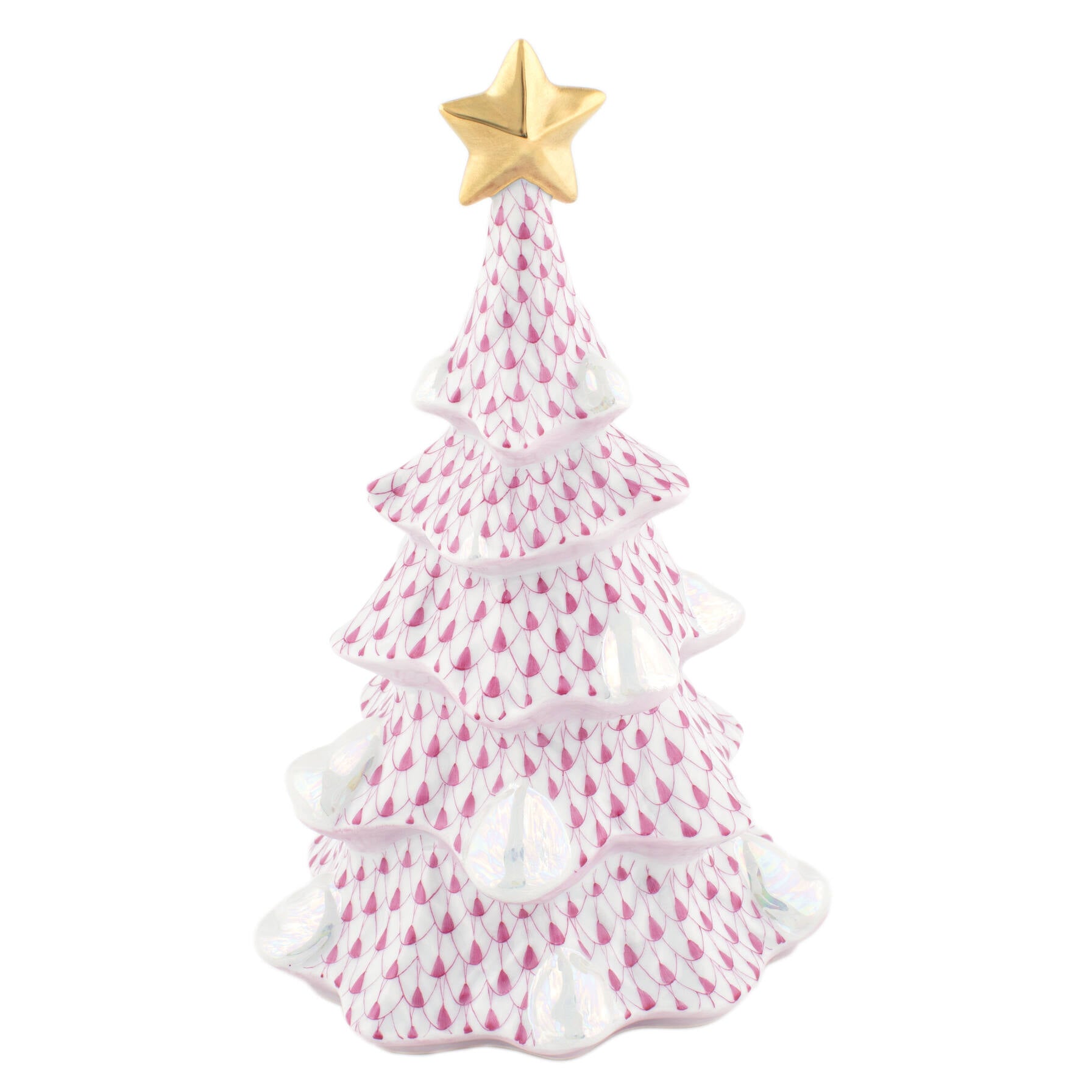 Raspberry fishnet Large Christmas Tree Figurine figurine, hand-painted Herend porcelain with 24k gold accents