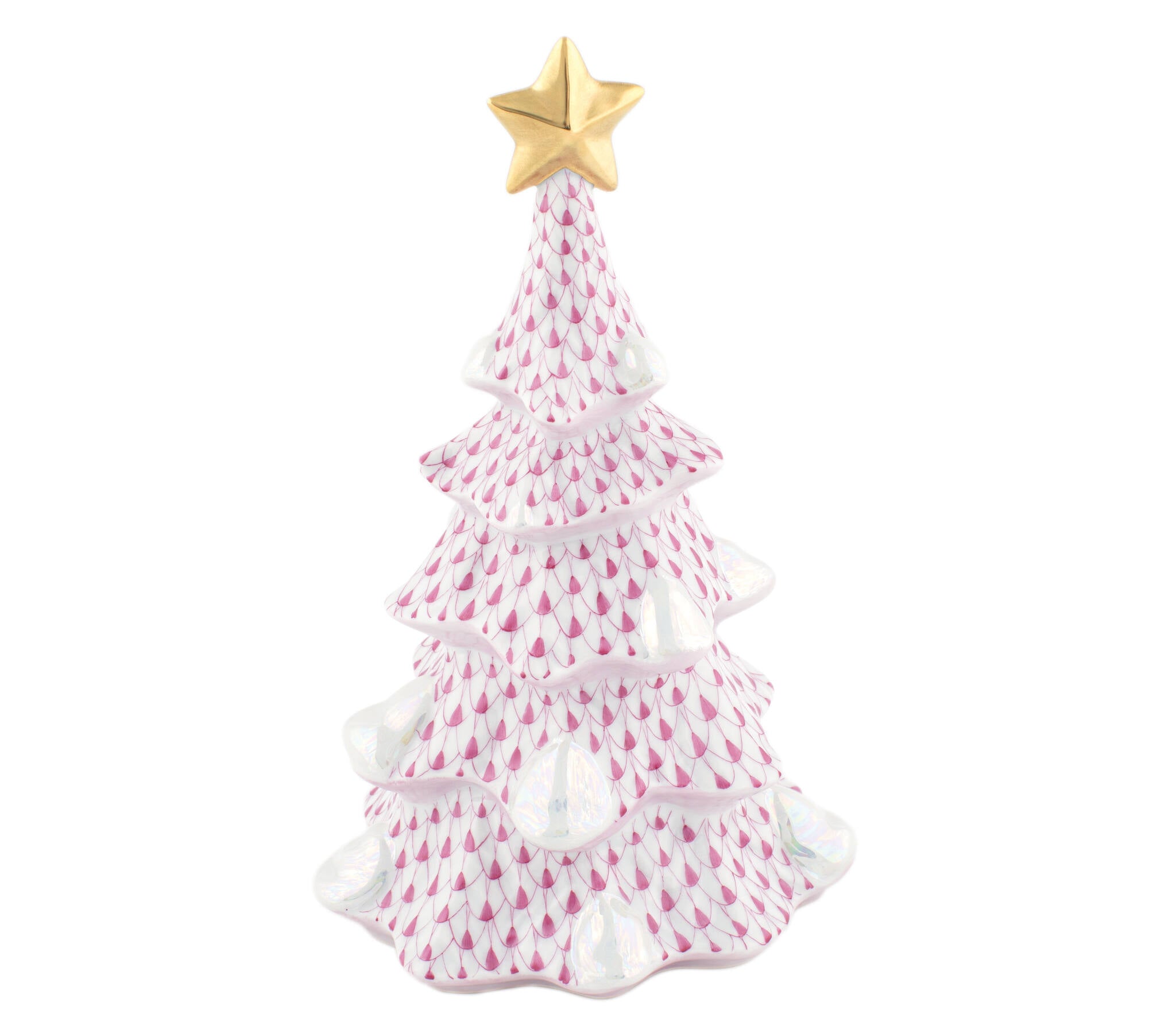 Raspberry fishnet Large Christmas Tree Figurine figurine, hand-painted Herend porcelain with 24k gold accents
