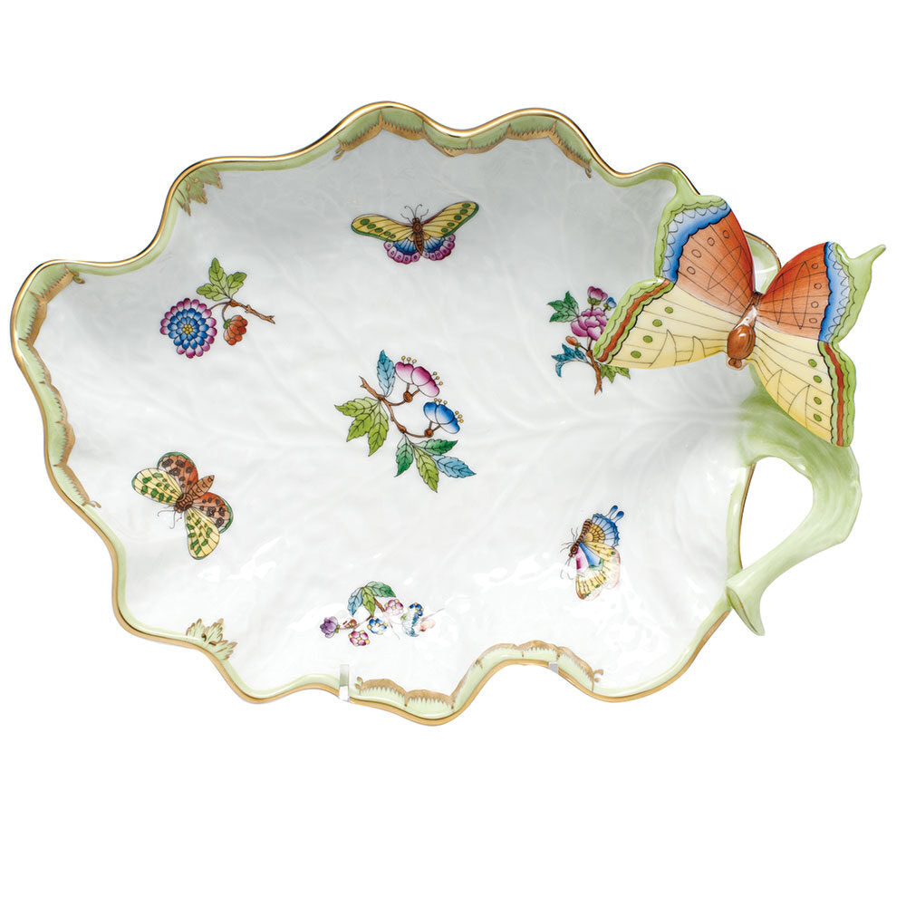 Hand-painted Herend Large Leaf Dish with Butterfly Decorative Plate in fine porcelain, 10.75in L, on a white background