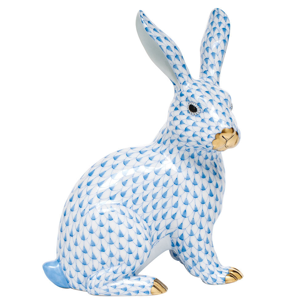 Hand-painted Herend Large Sitting Bunny Figurine in Blue fishnet porcelain on a white background