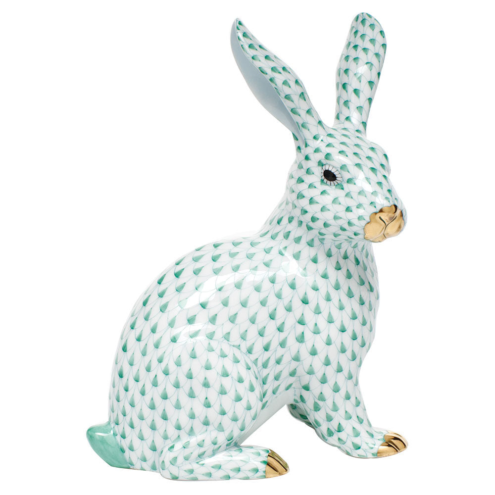 Green fishnet Large Sitting Bunny Figurine figurine, hand-painted Herend porcelain with 24k gold accents