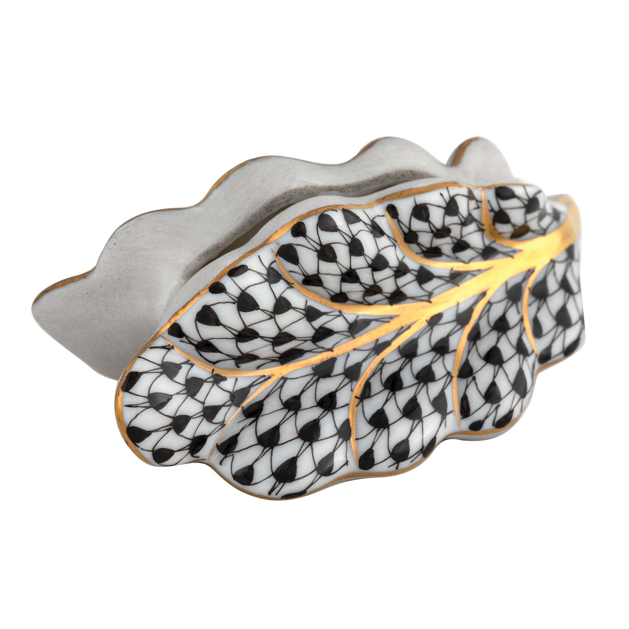 Herend Leaf Place Card Holder porcelain figurine painted in the Black fishnet pattern
