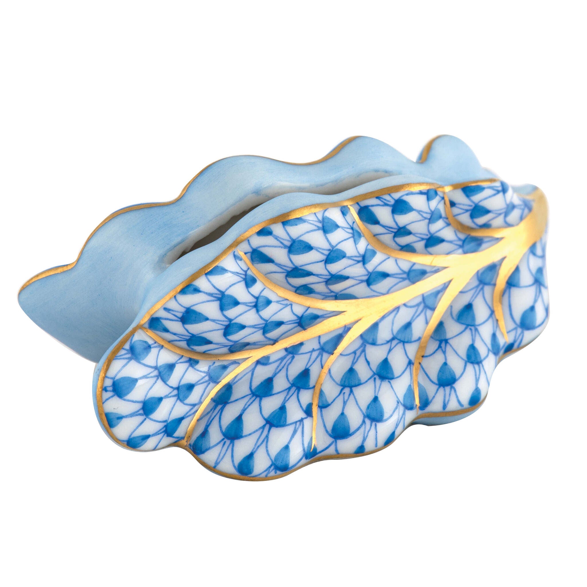 Hand-painted Herend Leaf Place Card Holder in Blue fishnet porcelain on a white background
