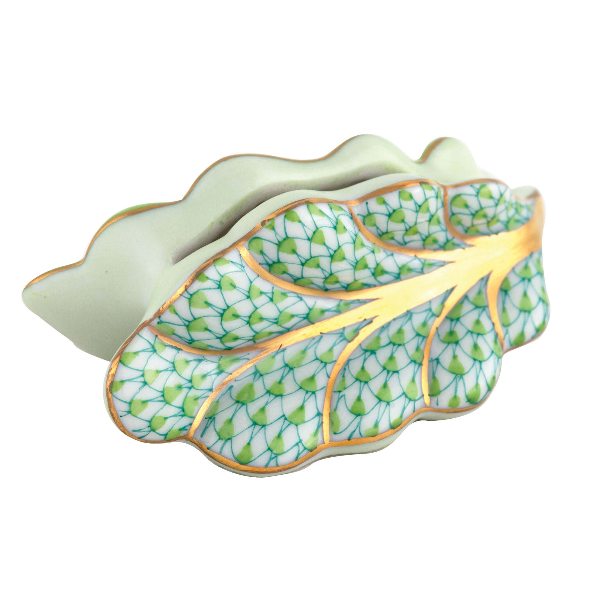 Hand-painted Herend Leaf Place Card Holder in Key Lime fishnet porcelain on a white background
