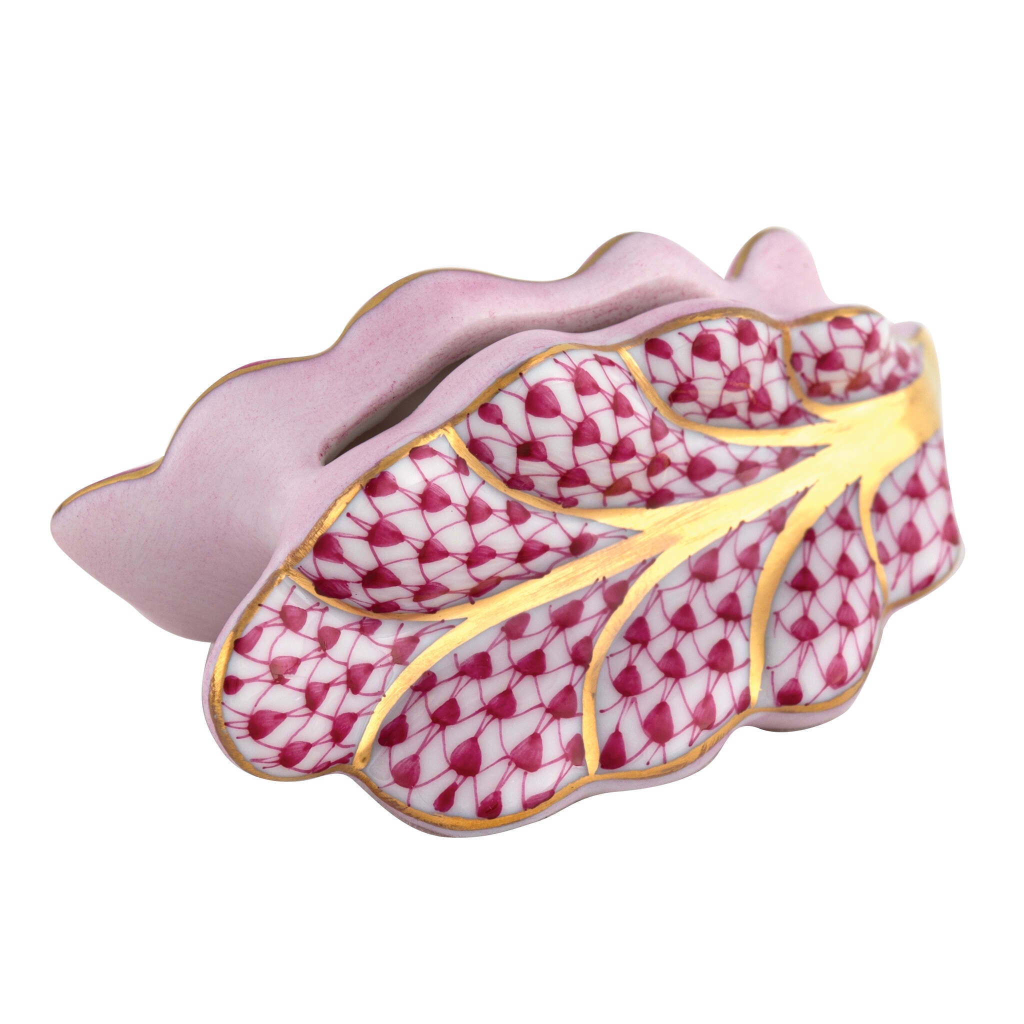Herend Leaf Place Card Holder porcelain figurine painted in the Raspberry fishnet pattern