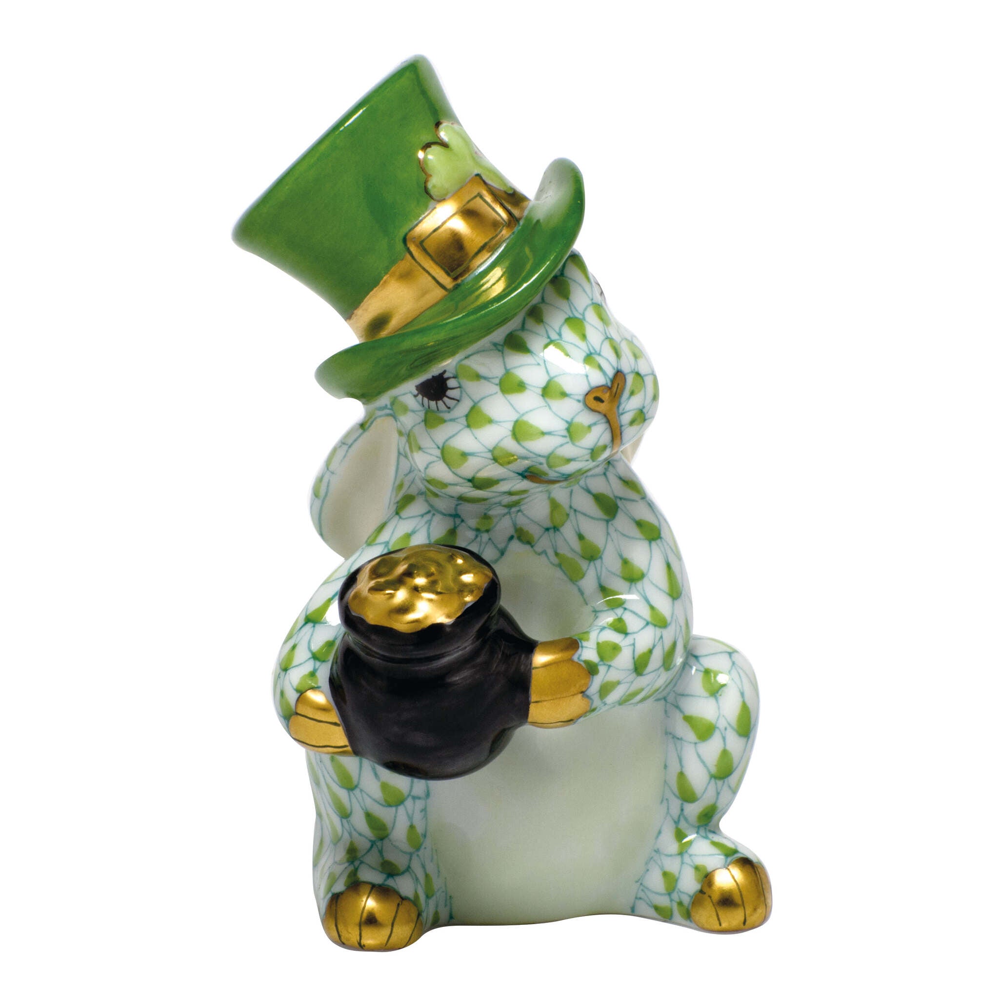 Leprechaun Bunny Figurine in hand-painted Key Lime porcelain by Herend of Hungary