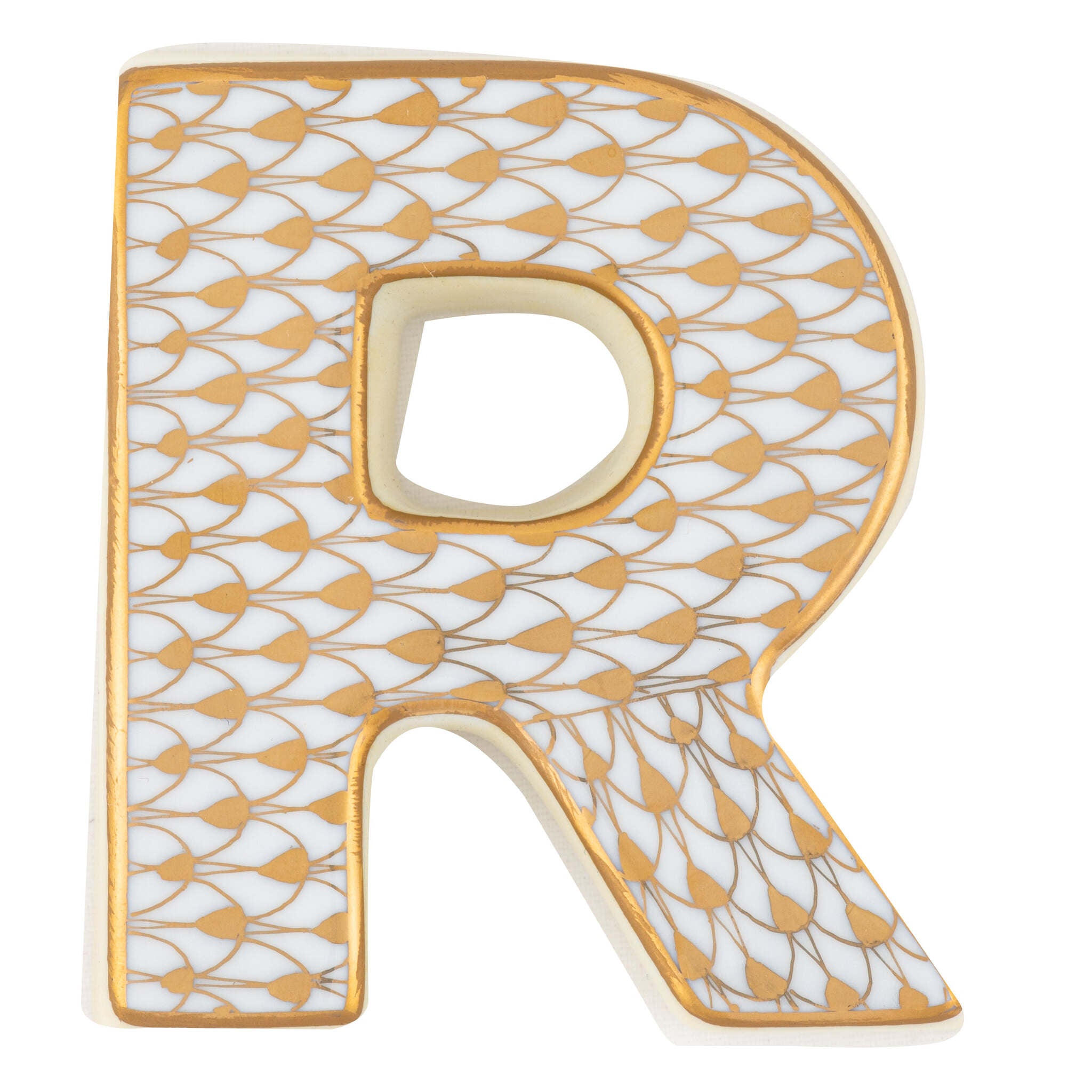 Hand-painted Herend Letter R Figurine in fine porcelain, 2.25in L X 1.5in W X 0.5in H, on a white background