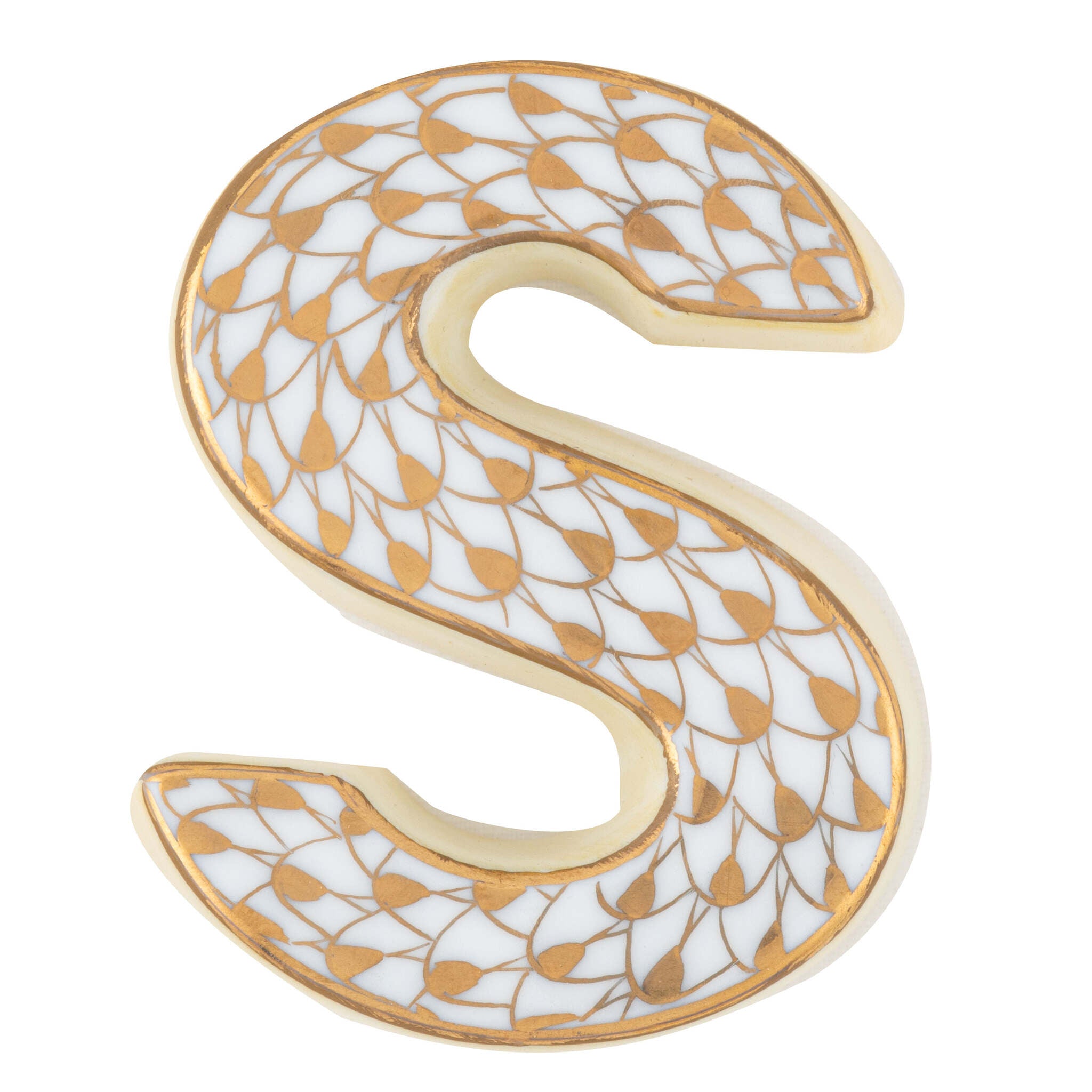 Hand-painted Herend Letter S Figurine in fine porcelain, 2.25in L X 1.5in W X 0.5in H, on a white background