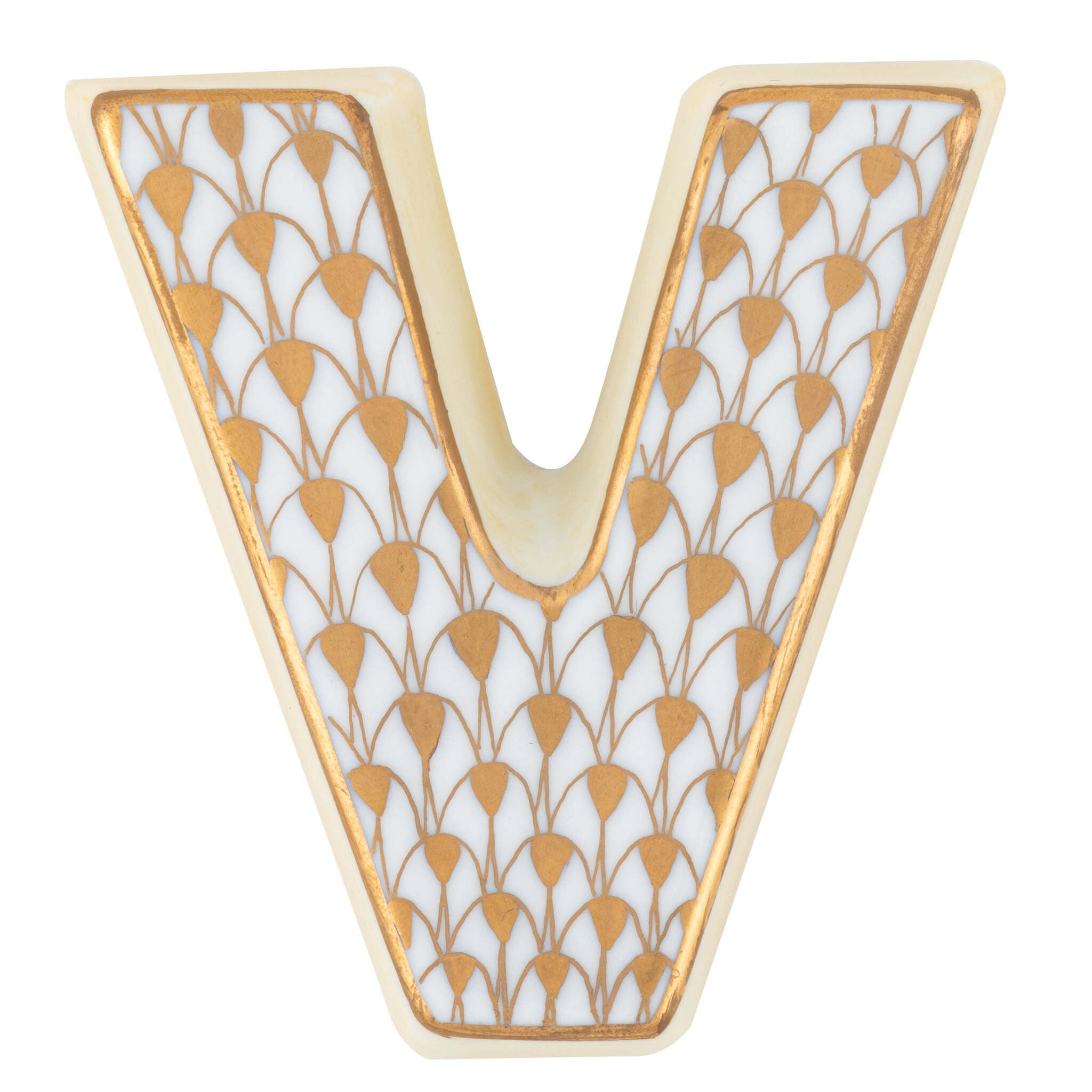 Hand-painted Herend Letter V Figurine in fine porcelain, 2.25in L X 2.25in W X 0.5in H, on a white background