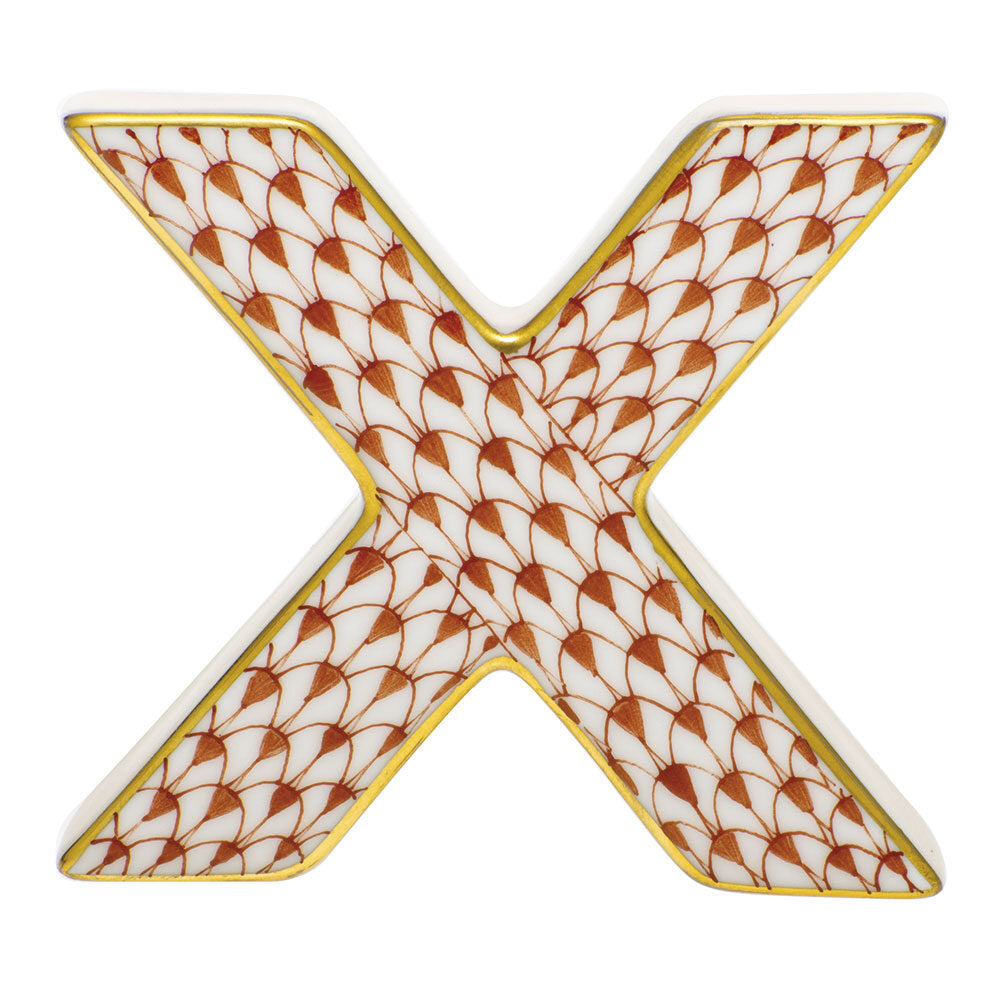 Rust fishnet Letter X Figurine figurine, hand-painted Herend porcelain with 24k gold accents
