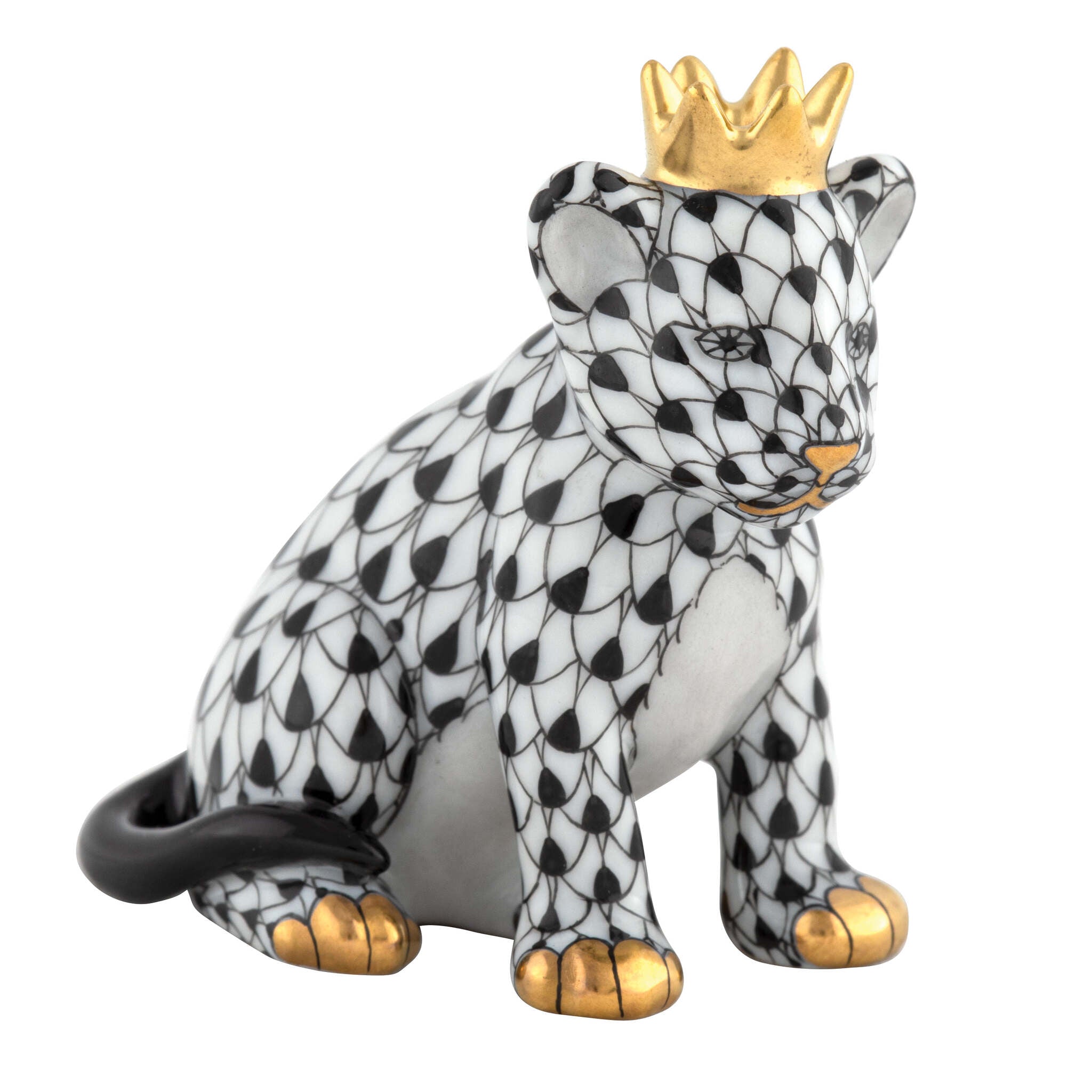 Black fishnet Lion Cub with Crown Figurine figurine, hand-painted Herend porcelain with 24k gold accents