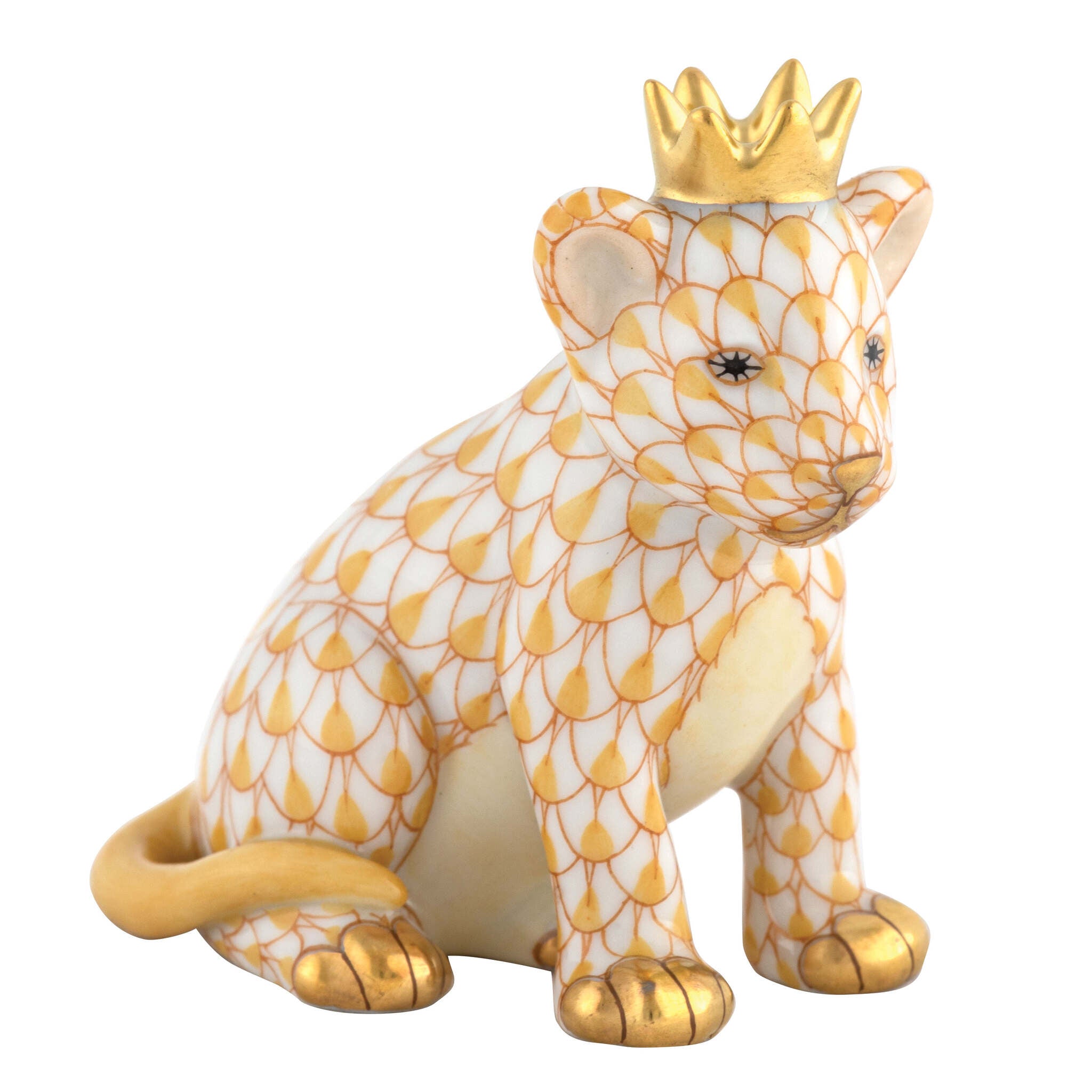 Butterscotch fishnet Lion Cub with Crown Figurine figurine, hand-painted Herend porcelain with 24k gold accents